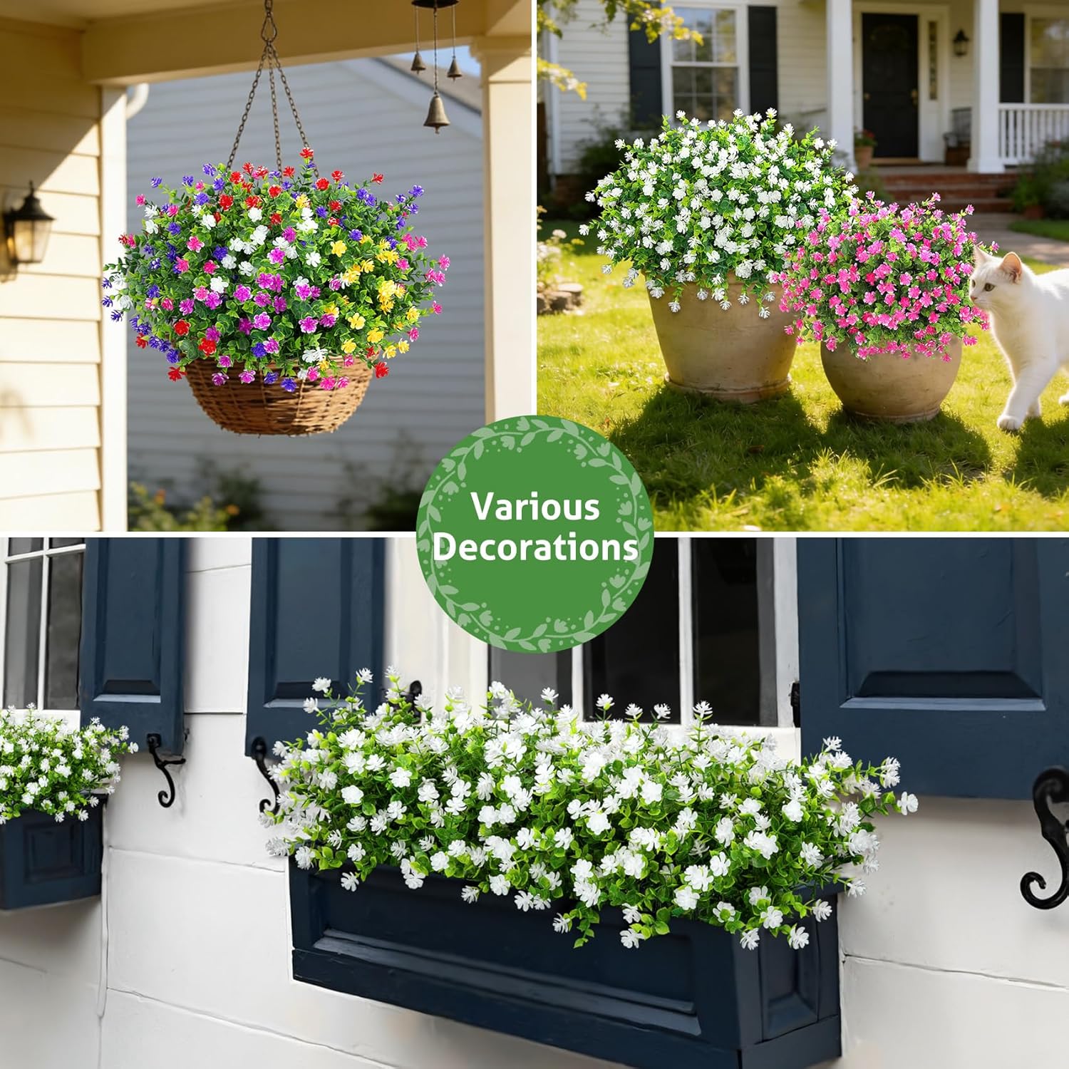 24 Bundles Artificial Flowers For Outdoors, Uv Resistant Eucalyptus Fake Flowers Shrubs Greenery Plastic Plants For Garden Porch Window Box Farmhouse Indoor Home Decor, White