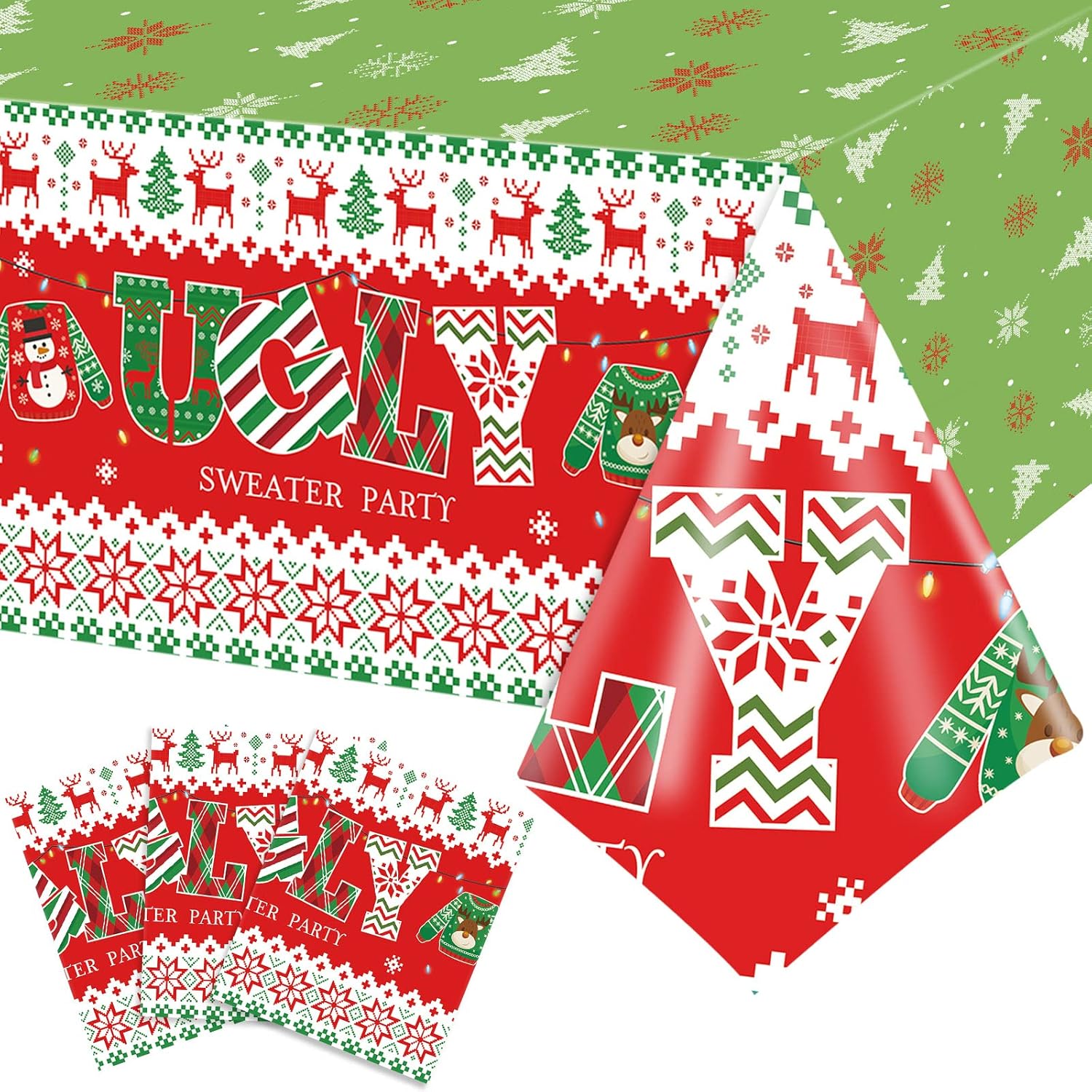 3 Pack Christmas Ugly Sweater Tablecloths Decoration Plastic Table Covers Merry Christmas Xmas Winter Holiday Birthday Party Decor, 54 X 108 Inch
