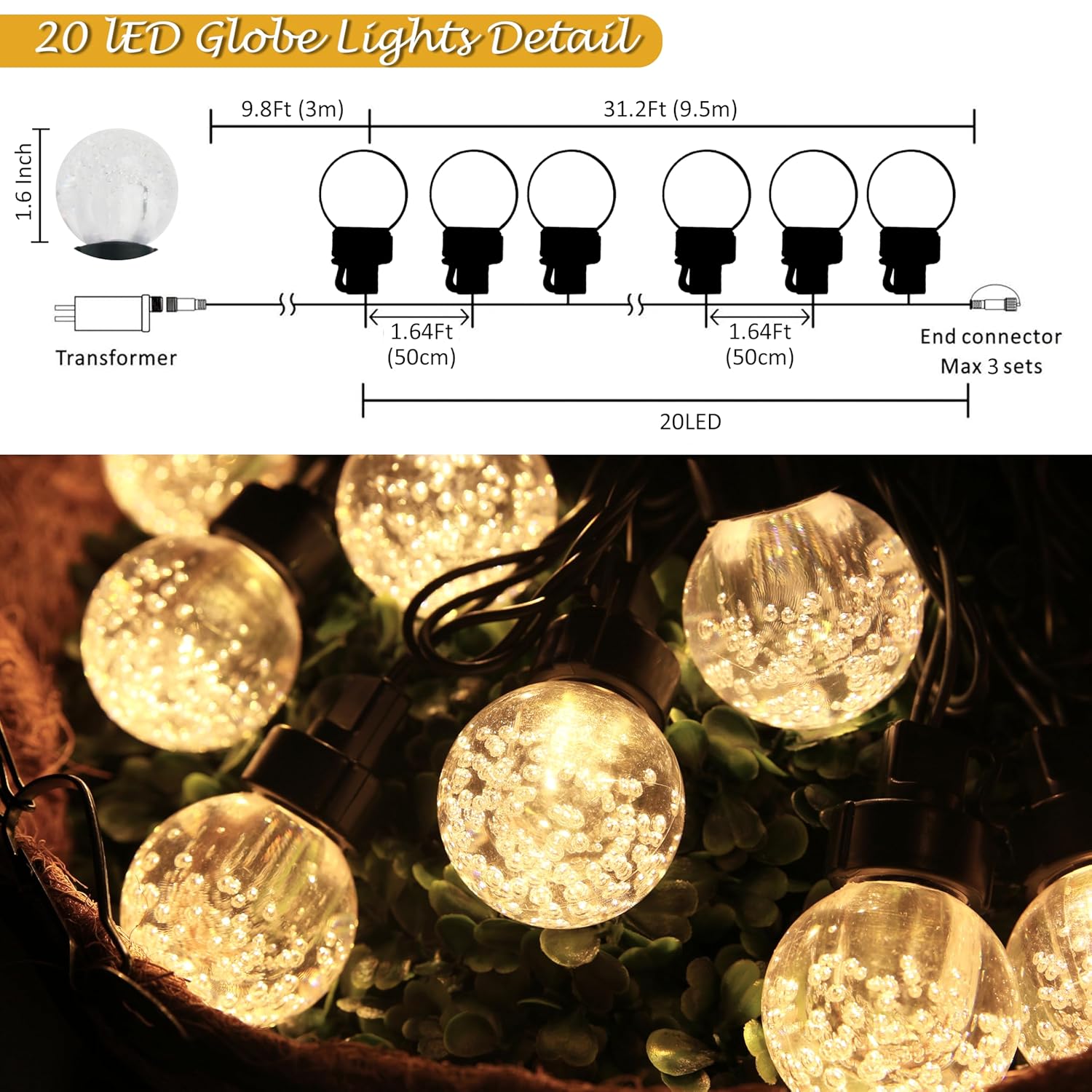 20 Led 41Ft Globe Ball String Lights, G40 Crystal Bubble Ball Fairy String Lights Plug In With 11 Modes, Timer & Memory