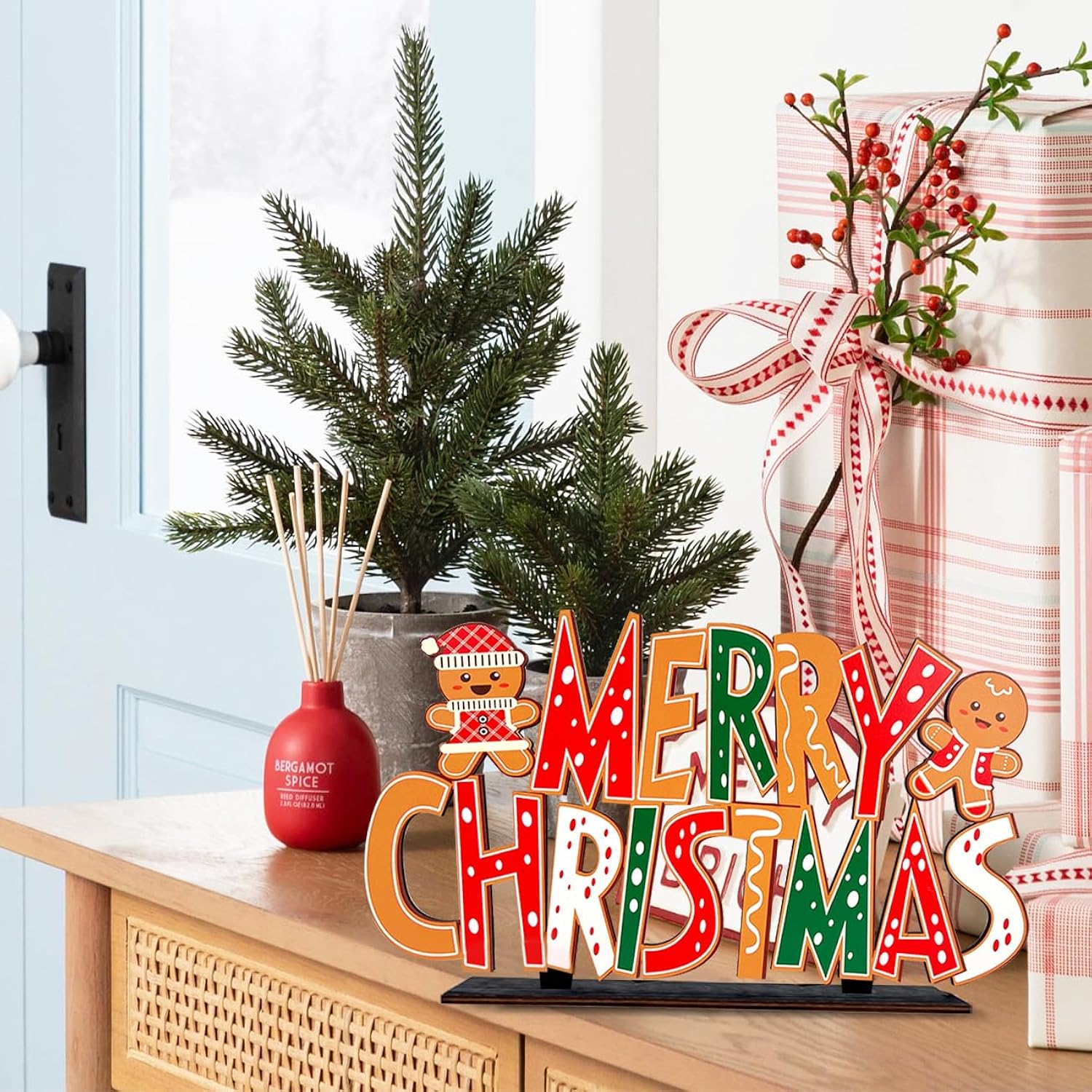 Gingerbread Christmas Decorations Merry Christmas Table Centerpieces Gingerbread Man Wooden Sign Xmas Front Door/Wall Decor Party Supplies