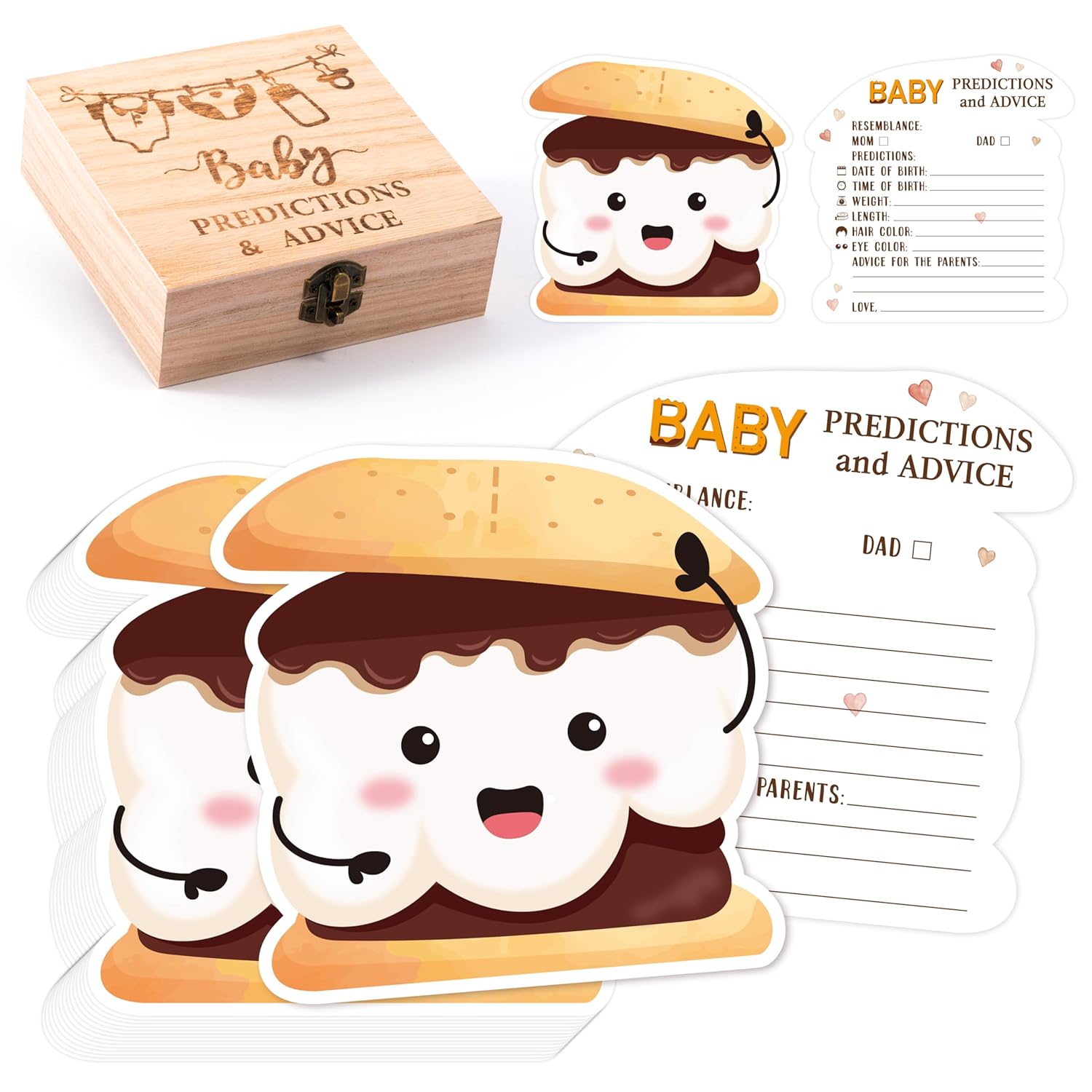 S'Mores Marshmallow Baby Shower Game - 50Pcs Cute Marshmallow Advice & Prediction Cards With Wooden Keepsake Box For New Parents Baby Shower Gender Neutral Party Decor Birthday Gift