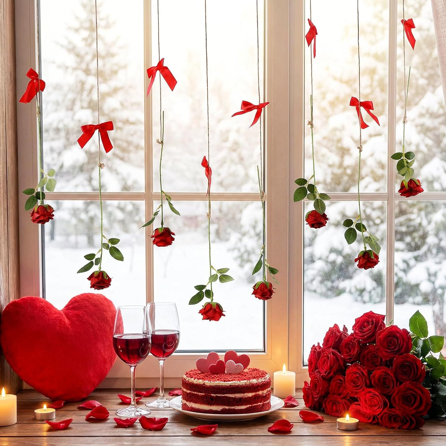 8 Set Valentine'S Day Garland, Rose Decoration, Artificial Floral Hanging Flower With Bows Garland Ceiling Decor With Hooks Jute Rope Fishing Line For Wedding, Romantic Decoration(Red)