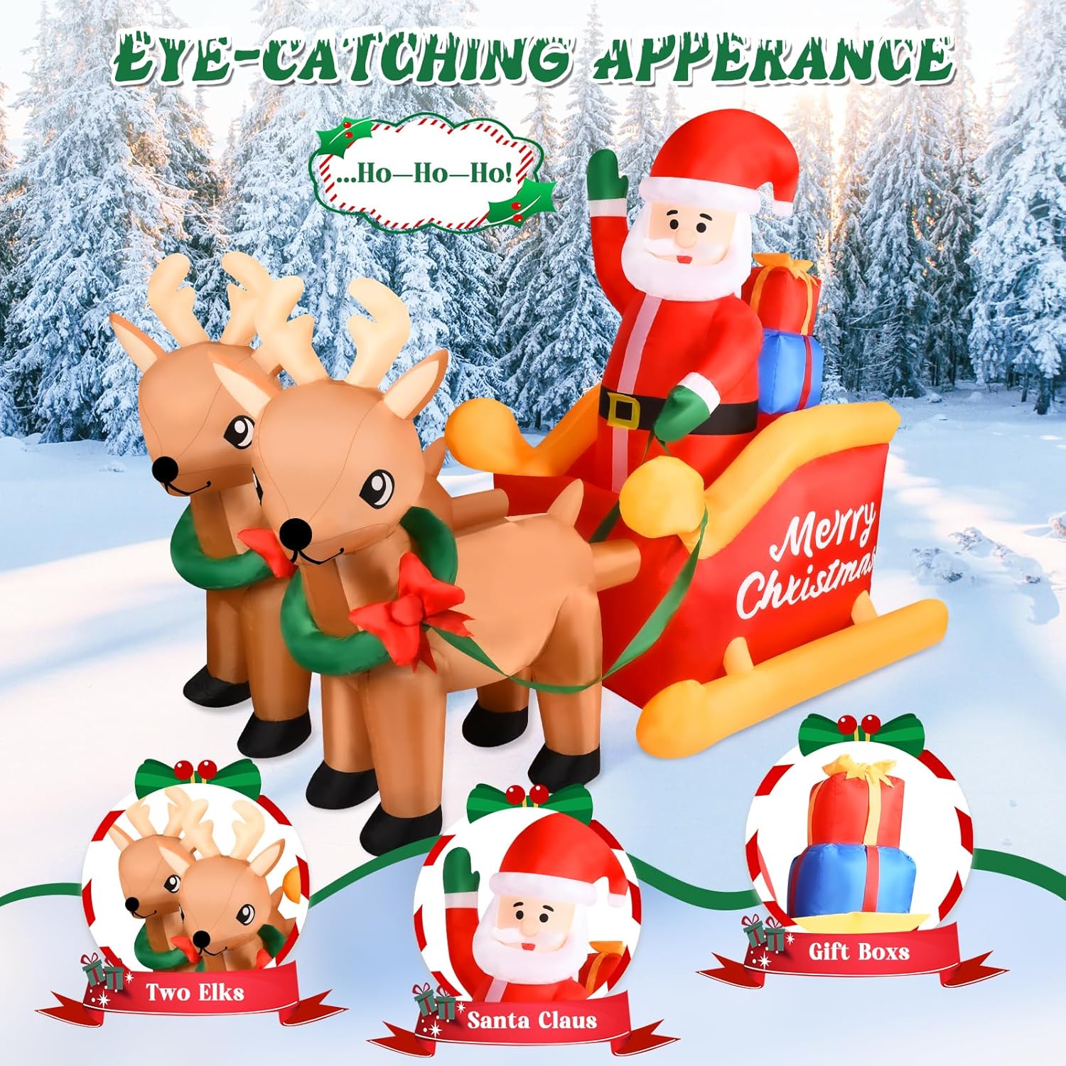 7 Ft Christmas Inflatable Decorations Santa Claus Sleigh With 2 Reindeer & Present With Built-In Led Lights, Blow Up Yar