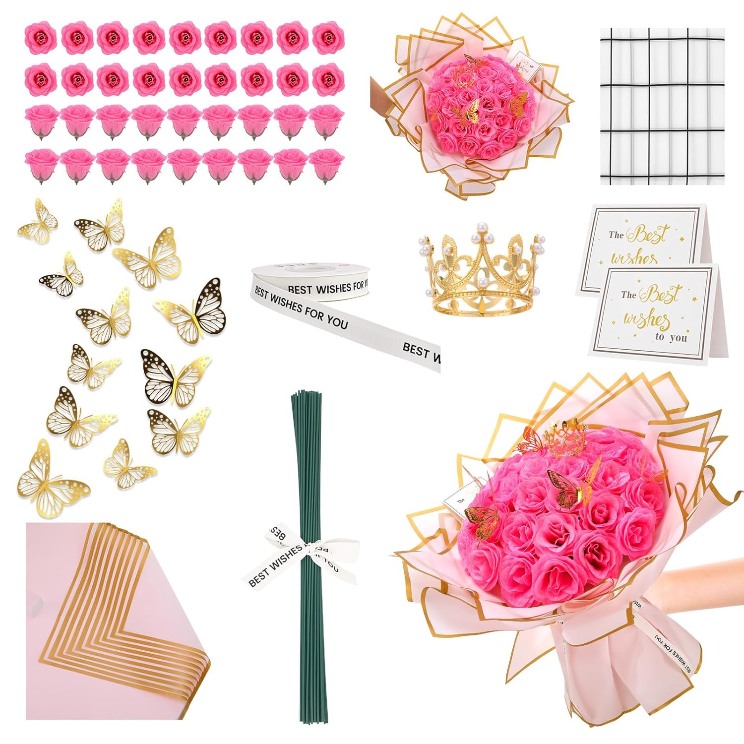 36 Pcs Glitter Roses Bouquet Kit, Pink Sparkling Flower Arrangement With Stems, Butterflies, Crown, Wrapping Paper, Card, Ribbon For Wedding, Graduate, Birthday, Diy Crafts