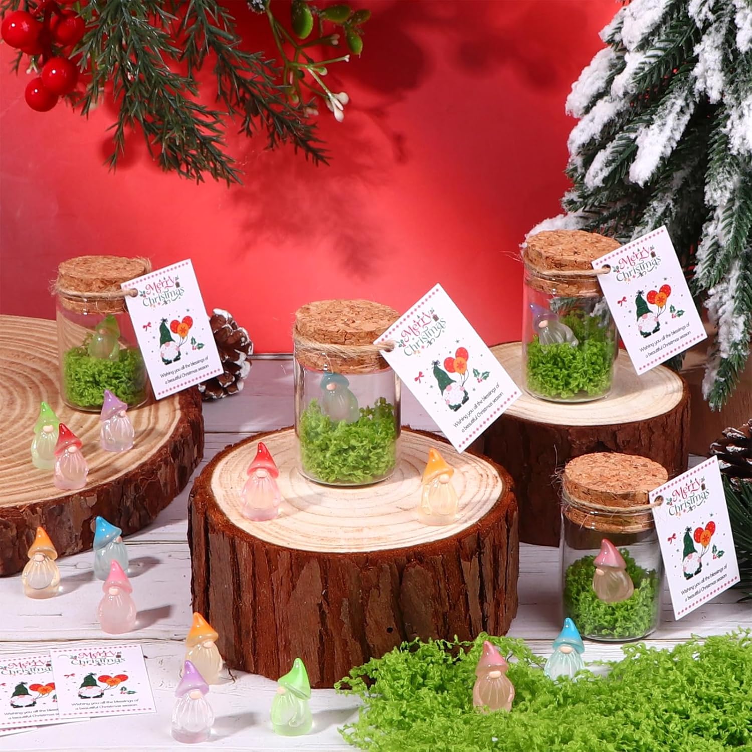 48 Sets Christmas Mini Resin Gnome Gifts In A Glass Jar With Moss&Card Glow In The Dark Adopt A Gnome Fingure Luminous Gnomes Crafts For Xmas Class Winter New Year Gifts Diy Party Goodie Bag Fillers