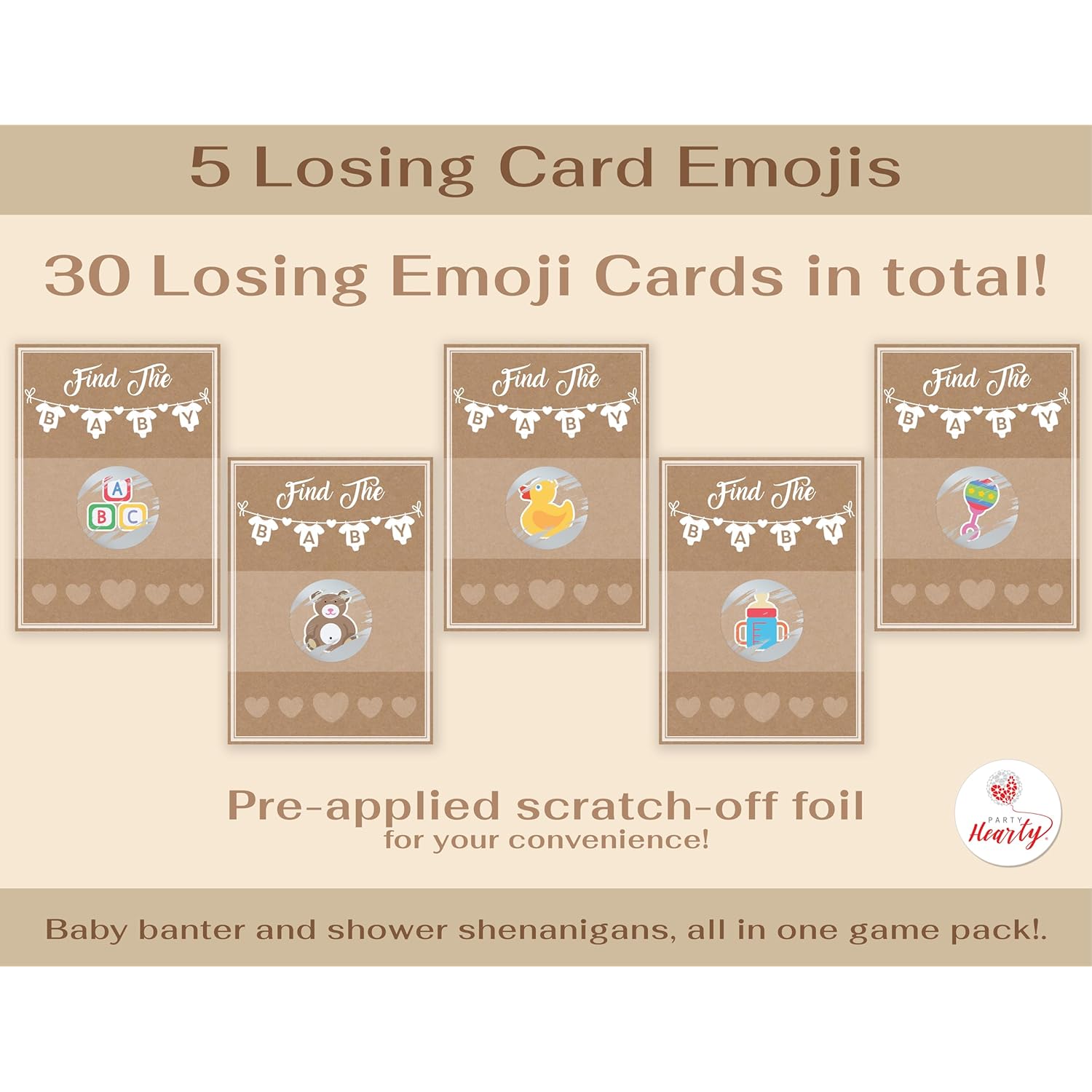 Baby Shower Games Kraft 33 Raffle Cards, Emoji Scratch Off Lottery Tickets, 3 Winners 5 Different Loser Card Designs, Gender Neutral, Silly Activity For Ice Breakers, Door Prizes, Favors