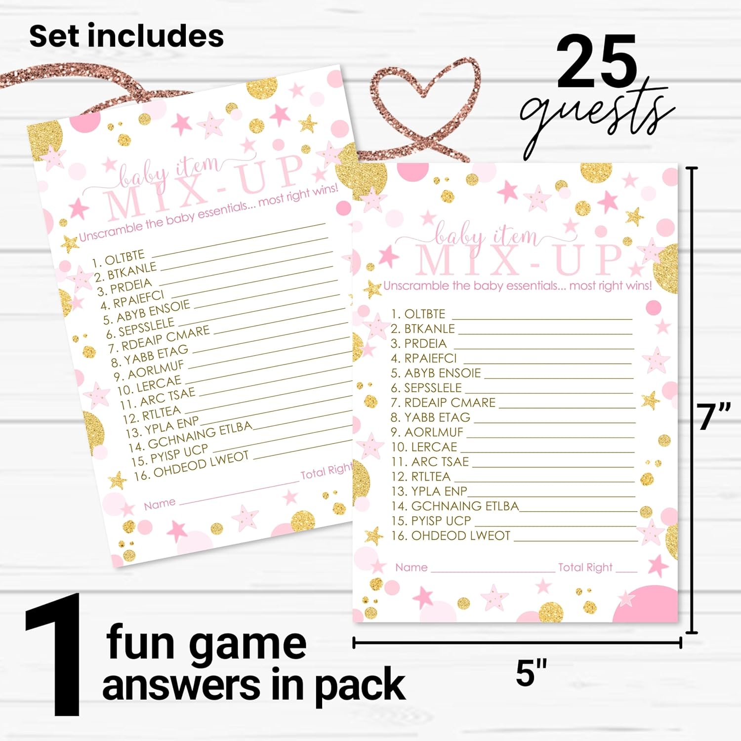 Twinkle Little Star Baby Shower Games For Girls - Word Scramble - Fun Gender Reveal Games For Guests - Royal Princess Theme In Pink And Gold - 25 Cards