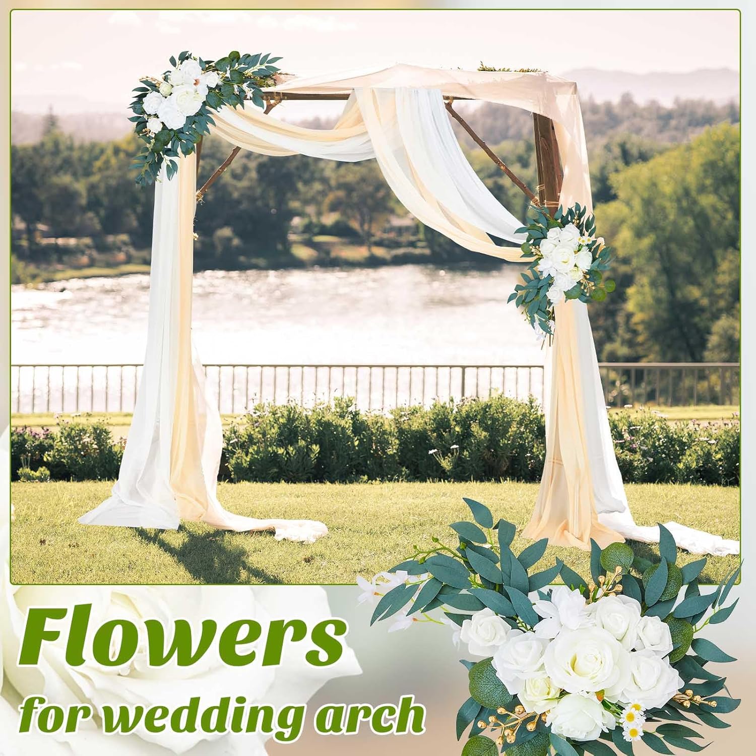 4 Pcs Wedding Arch Flowers And Drape Kit Include 2 Artificial Floral Swag And 2 White Chiffon Drapes, Faux Flower Set For Diy Wedding Party Reception Ceremony Backdrop Rose Decoration