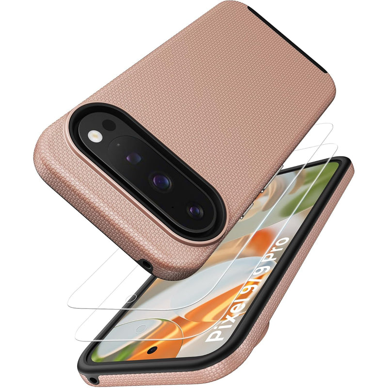 Pixel 9/9 Pro Case, 2X Screen Protectors, Shockproof, Double Layer, Rose Gold