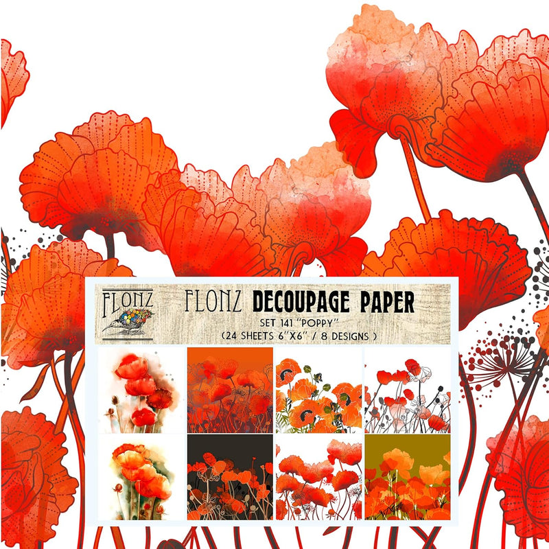 Decoupage Paper Pack (24 Sheets 6"X6") Poppy Flowers Vintage Styled Seamless P