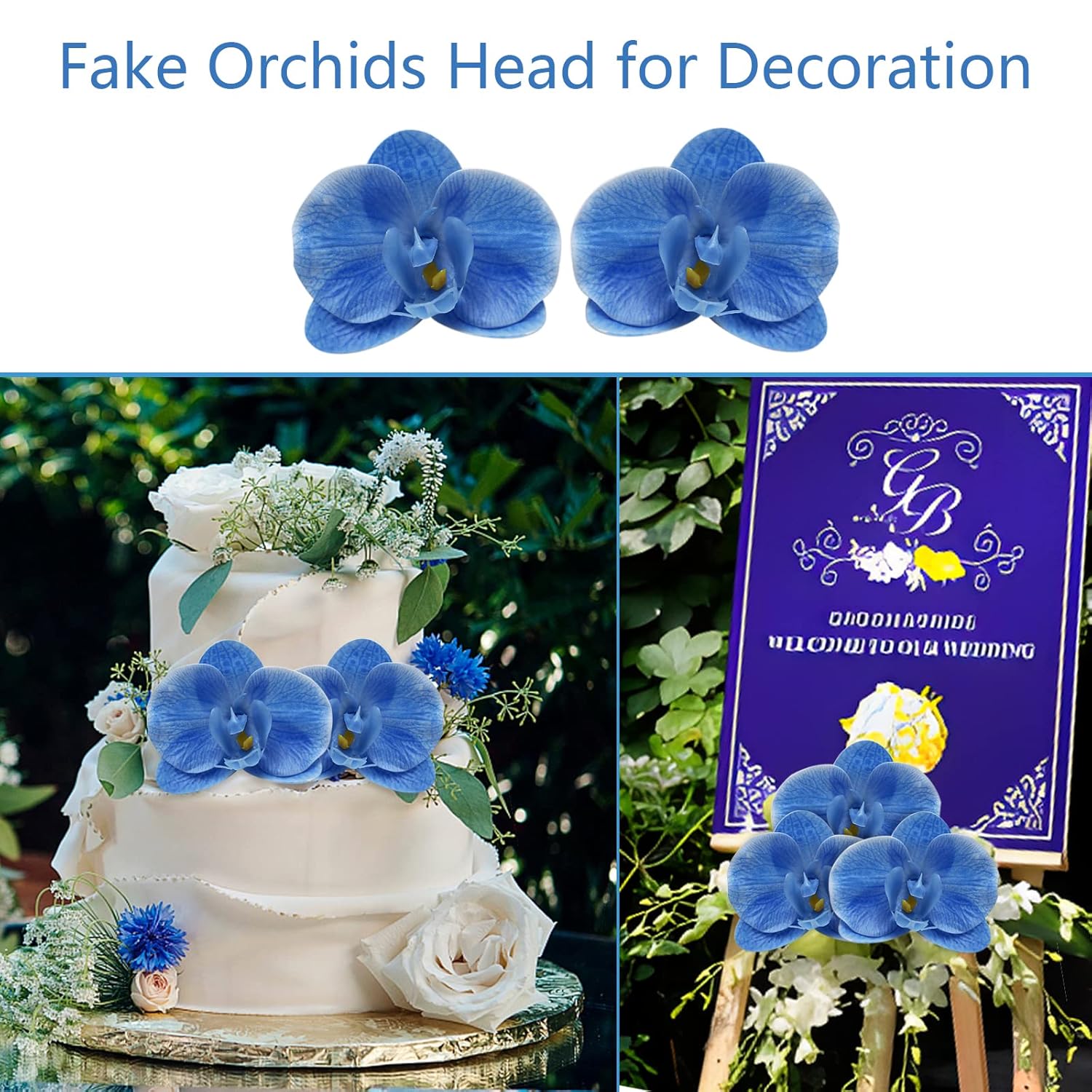 Artificial Flower Heads - 20 Pcs Fake Orchid Flowers Heads Faux Butterfly Heads For Hair Accessories Wedding Favors Cakes Decoration Wreaths - Blue