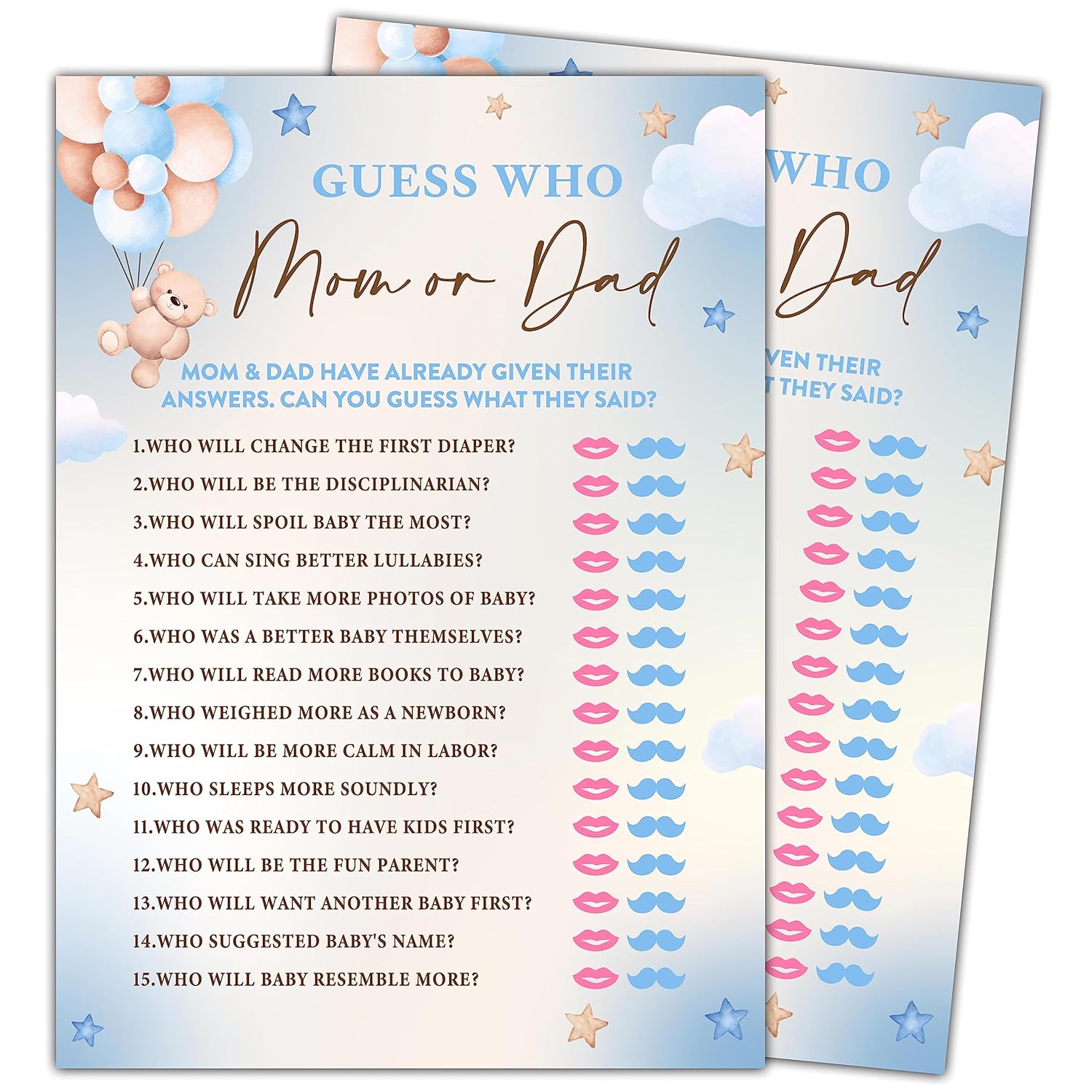 We Can Bearly Wait 30 Guess Who Mom Or Dad Game Cards, Gender Reveal Party Supplies Favors (5"X7") - F05