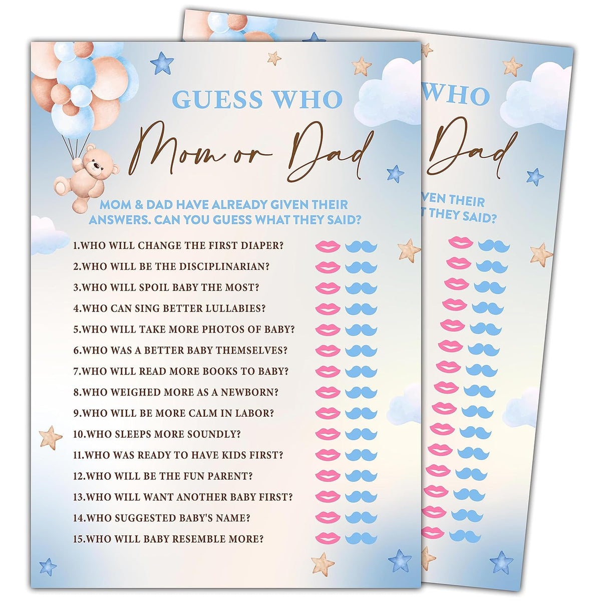 We Can Bearly Wait 30 Guess Who Mom Or Dad Game Cards, Gender Reveal Party Supplies Favors (5"X7") - F05