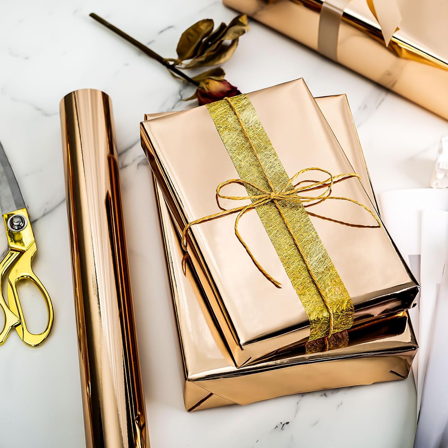 Dark Gold Wrapping Paper Roll - 17 In X 32.8 Ft(46.5 Sq.Ft.) Champagne Gold Gift Wrap With Grid Cutting Lines For Christmas, Wedding, Birthday, Valentines Day, Mothers Day, Baby Shower