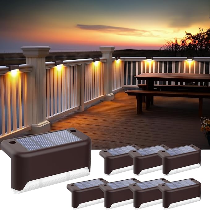 8 Pack Solar Fence Step Lights Waterproof Warm White LED Deck Railing Patio Lights