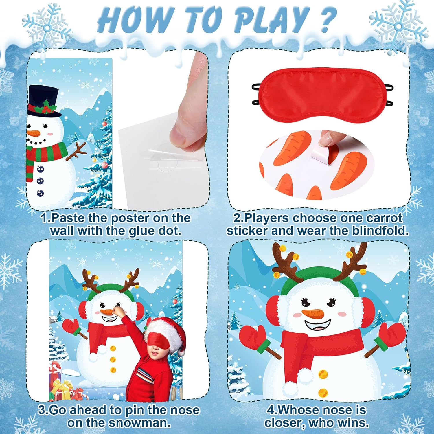 Christmas Pin Games Reusable Pin The Nose On Snowman Game Set Include 2 Diy Snowman 1 Xmas Poster 24 Carrot Nose Stickers 2 Blindfold For Winter Holiday Party Game Activities Supplies