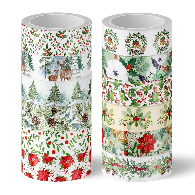 12 Rolls Christmas Floral Washi Tape Watercolor Flower Plants Elk Bell