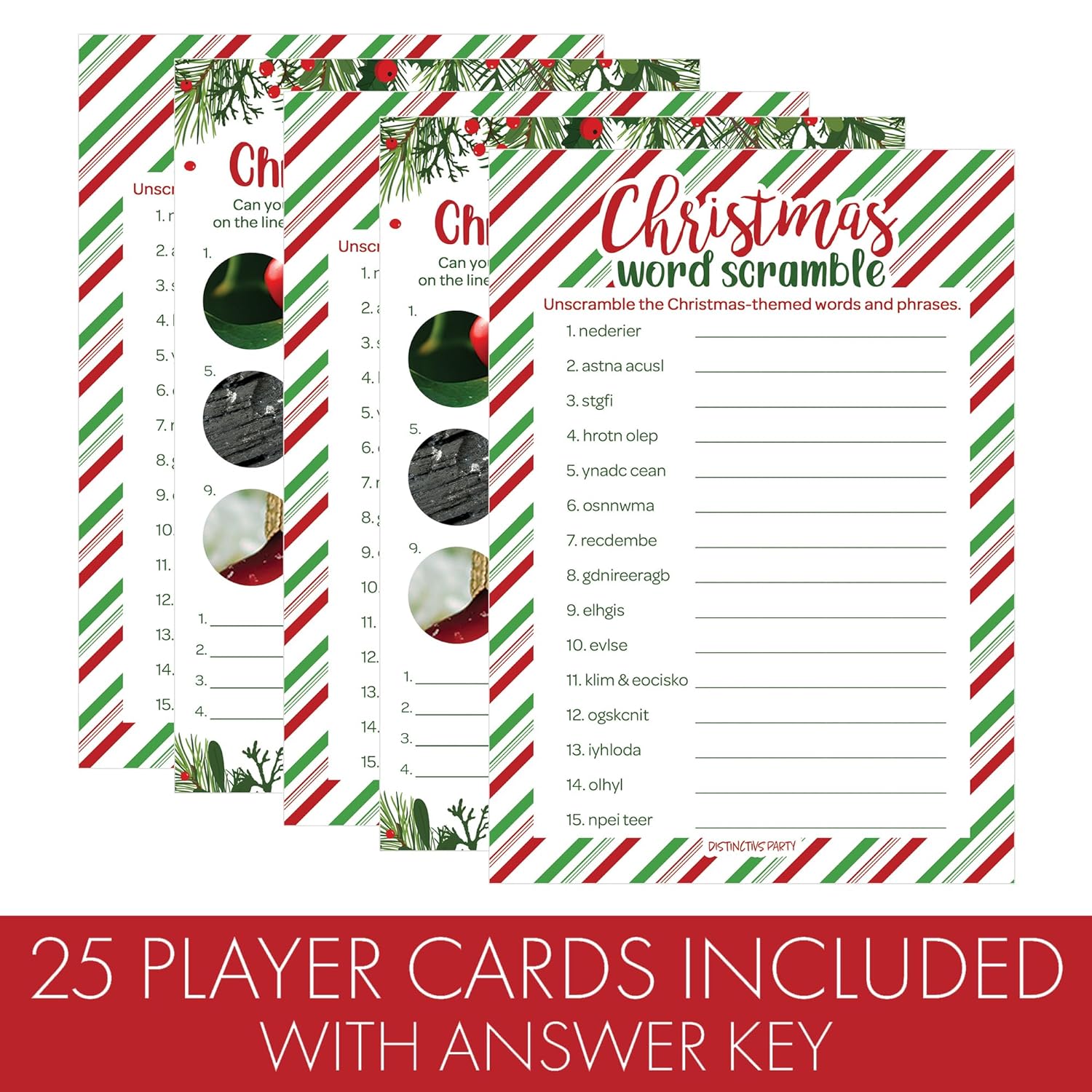 Christmas Party Games, Festive Holiday Word Scramble And Christmas Picture Quiz (2 Game Bundle) - 25 Dual Sided Cards