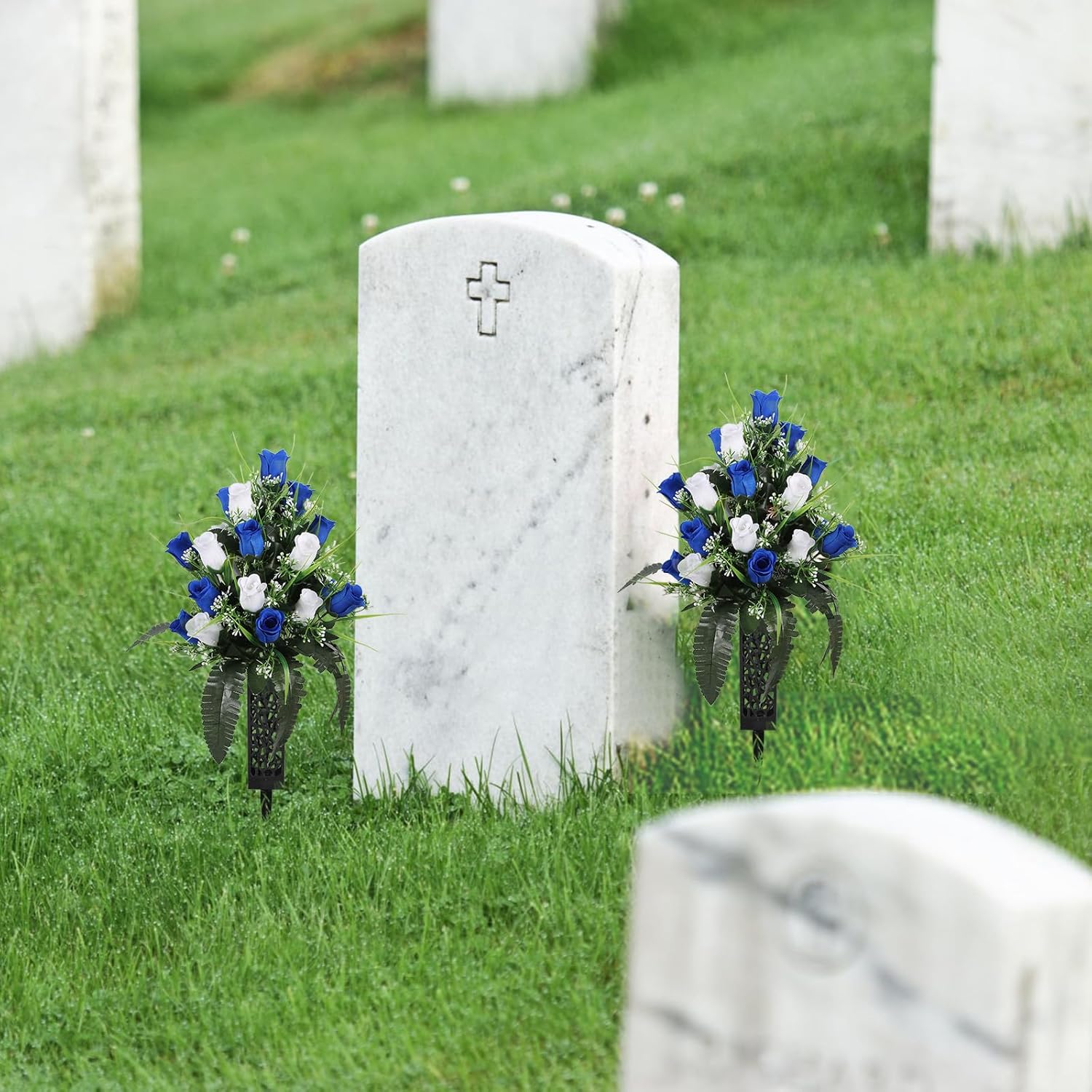 2 Sets Artificial Cemetery Flowers Grave Flowers With Vase, Gravesite Memorial Flowers For Cemetery Lasting And Non-Bleed Colors(White+Blue)