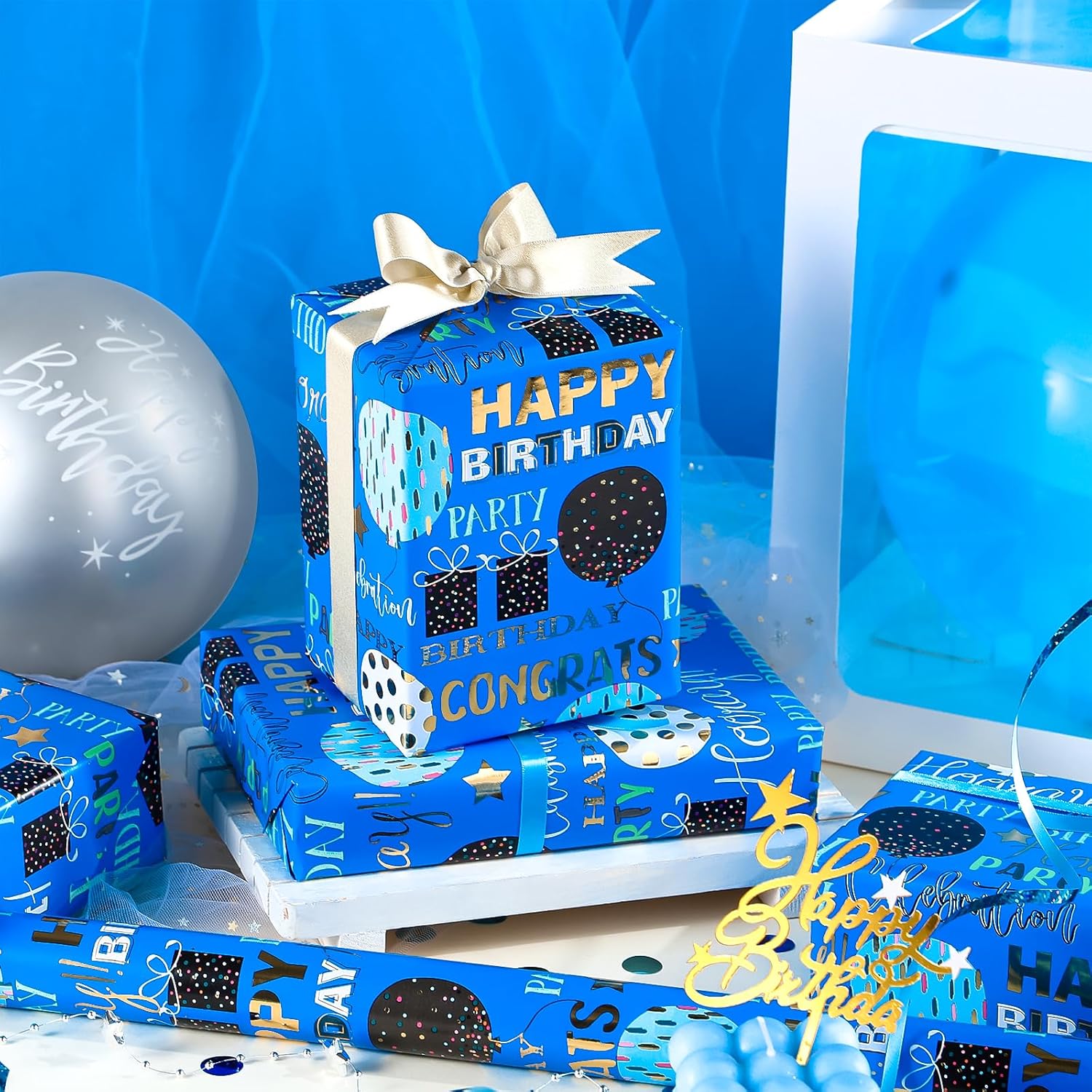Birthday Wrapping Paper - Mini Roll - 17 Inch X 16.5 Feet - Blue Gold Foil Happy Birthday Wrapping Paper For Kids, Boys, Men, Baby Shower
