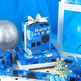Birthday Wrapping Paper - Mini Roll - 17 Inch X 16.5 Feet - Blue Gold Foil Happy Birthday Wrapping Paper For Kids, Boys, Men, Baby Shower