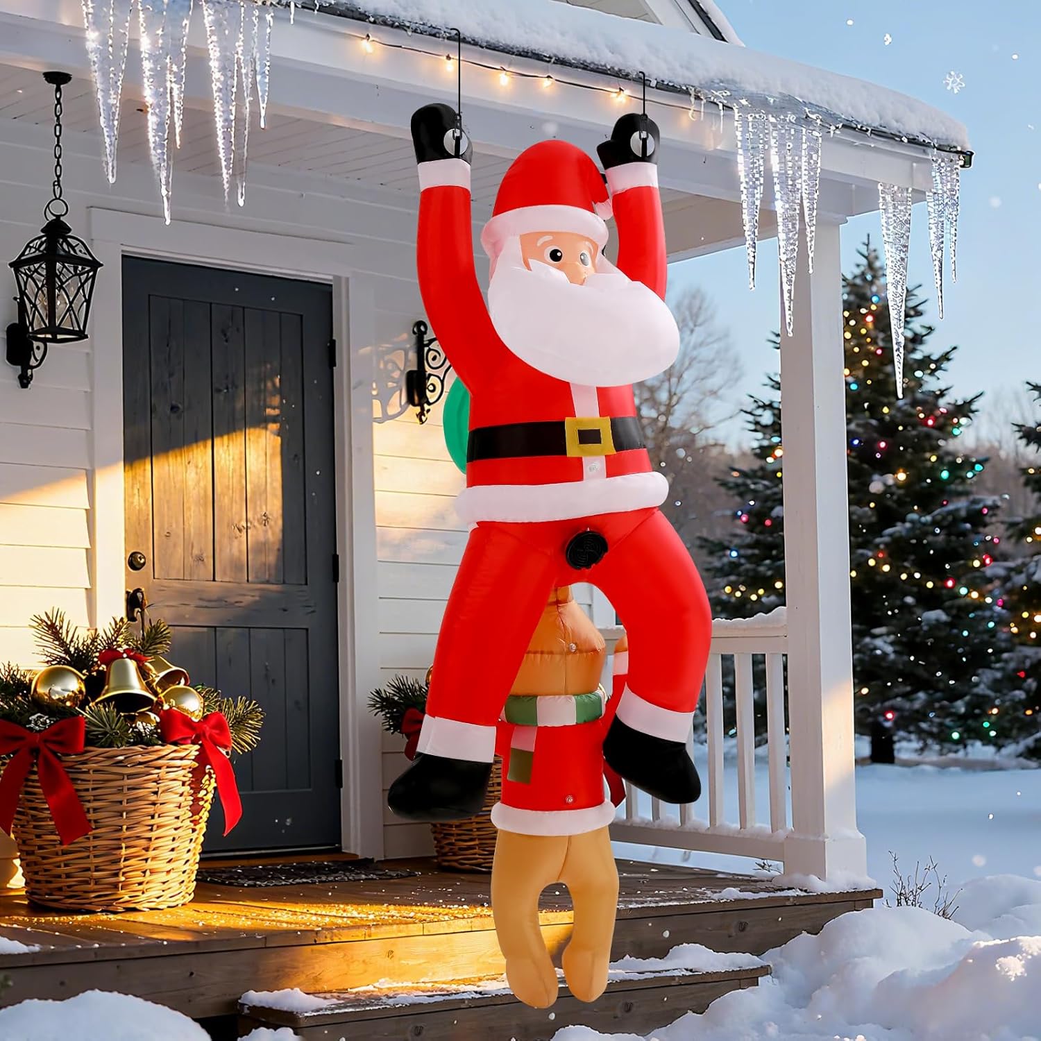 6Ft Hanging Christmas Inflatables Outdoor, Climbing Santa With Dog Blow Up Roof Decor, Funny Built-In Led Lights Xmas In