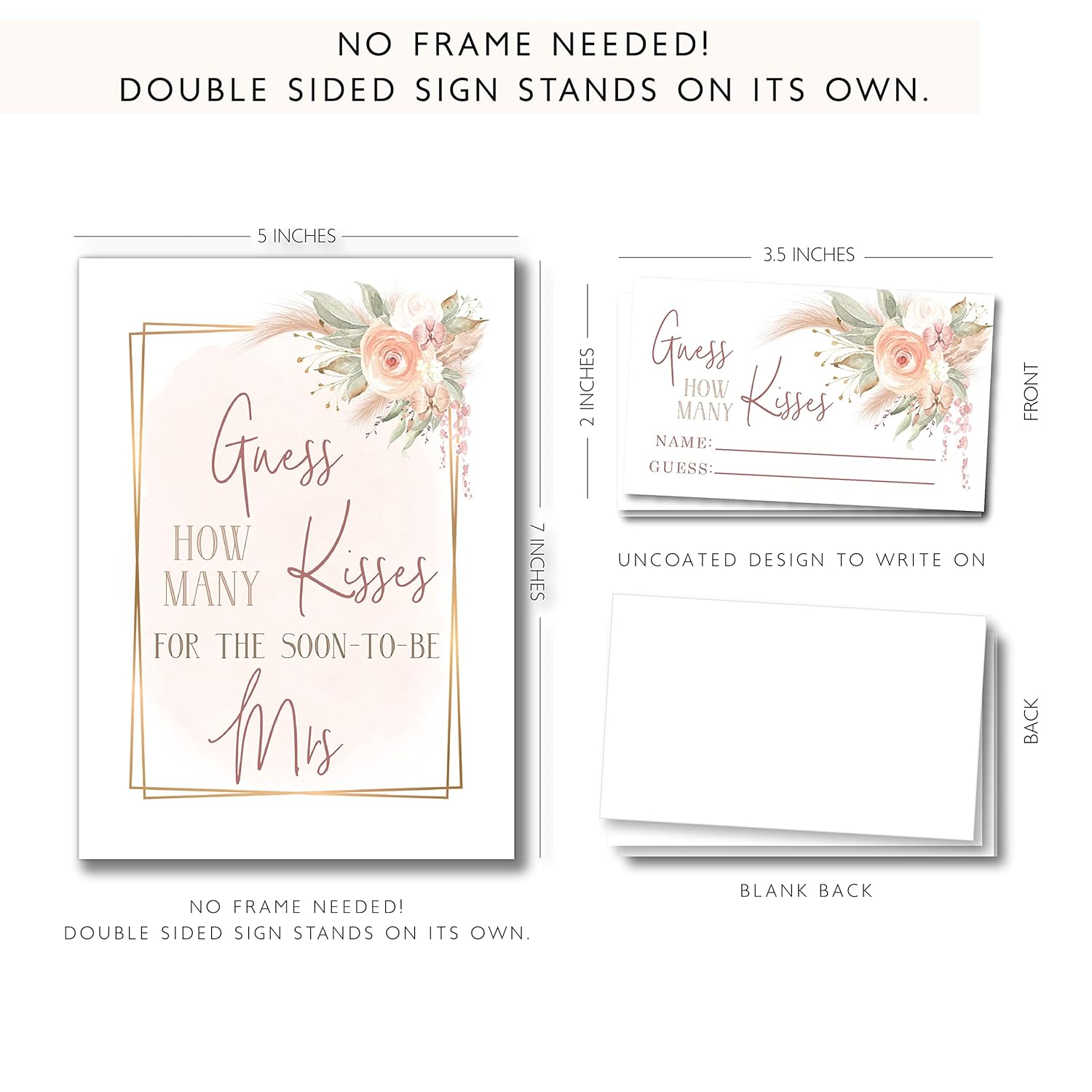 Boho Floral How Many Kisses Game For Bridal Shower – Self-Standing Sign With 50 Guessing Cards – Wedding Shower Candy Games