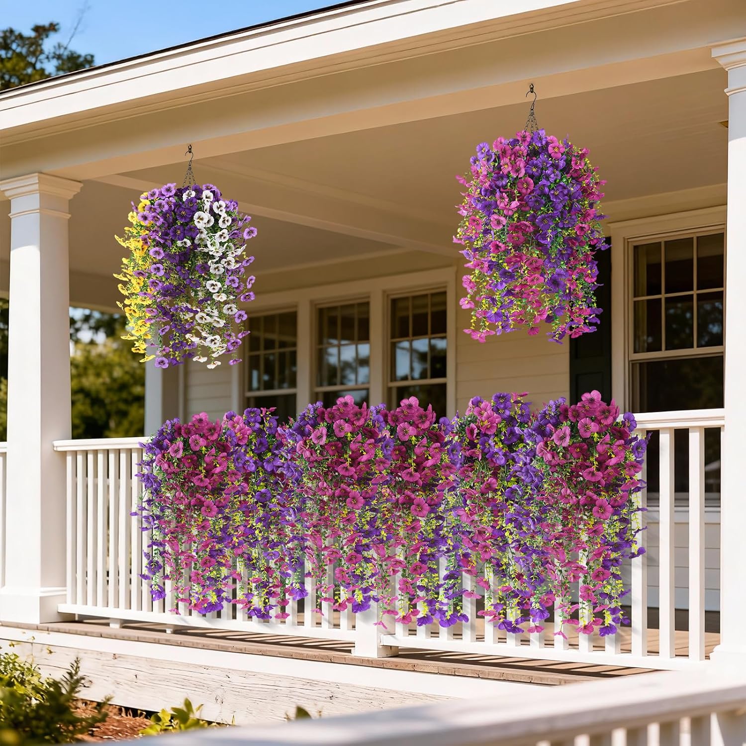 Fake Artificial Flowers For Outdoors, 4 Pcs Faux Hanging Pansy Flowers Spring Summer Decor, Uv Resistant No Fade Fake Plants Silk Flower For Planter Front Door Porch Patio Yard Garden(Purple Rose Red)