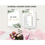 Bridal Shower Games - Greenery Engagement Party Game Cards For Wedding, Bachelorette Party - Bridal Shower Decorations - He Said She Said - 30 Cards(002)