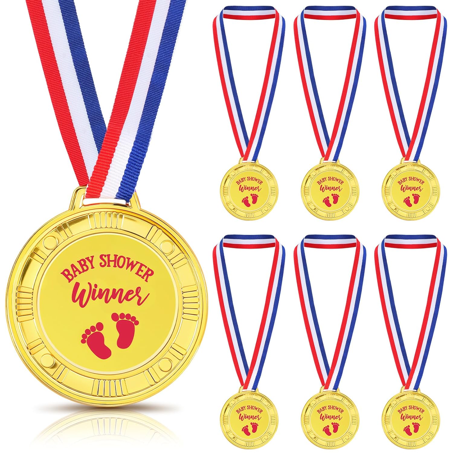 6 Pcs Baby Shower Winner Medals With Ribbons 2.35 Inch Gold Prize Medals For Games, Printed 'Baby Shower Winner' & Little Feet, Party Favors, Guest Awards, Gender Neutral Decorations(Pink)