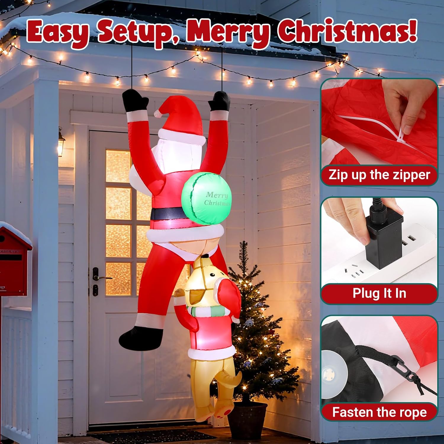 6Ft Hanging Christmas Inflatables Outdoor, Climbing Santa With Dog Blow Up Roof Decor, Funny Built-In Led Lights Xmas In
