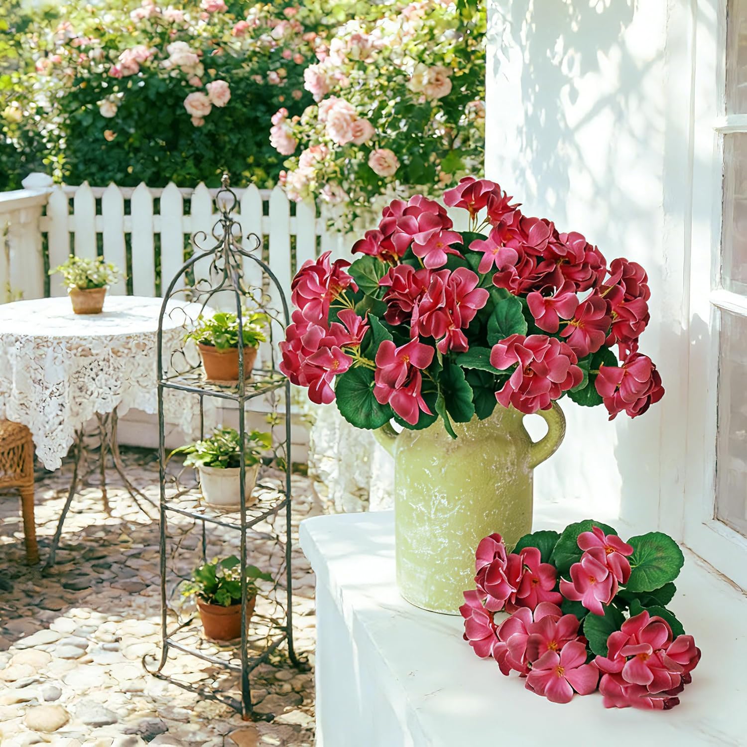 6Pcs Artificial Geranium Bush Decorative Silk Flower Artificial Plant For Outdoors Or Indoor (Wine Red)