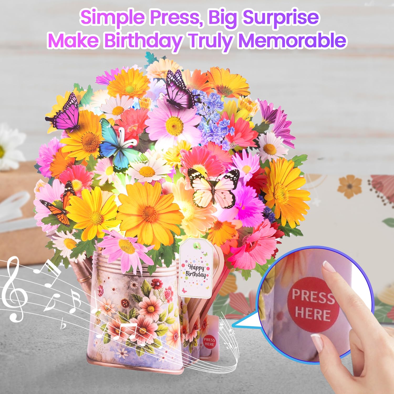 Birthday Cards With Music &Lights, Gerbera Daisy And Butterflies, 10 Inch Life Sized Forever Flower Bouquet 3D Pop Up Birthday Gift Card For Women Wife Mom Daughter Sister