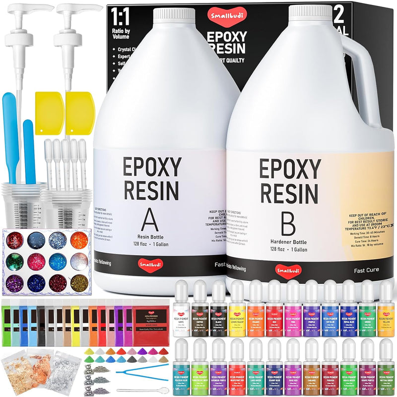 2 Gallon Epoxy Resin Kit With Pump, Resin Pigment, Mica Powder, Gold Foil, Cups & Stick, Crystal Clear Resin Beginner Supplies For Coating Casting Table,Molds,Jewelry Making, Diy Art Craft