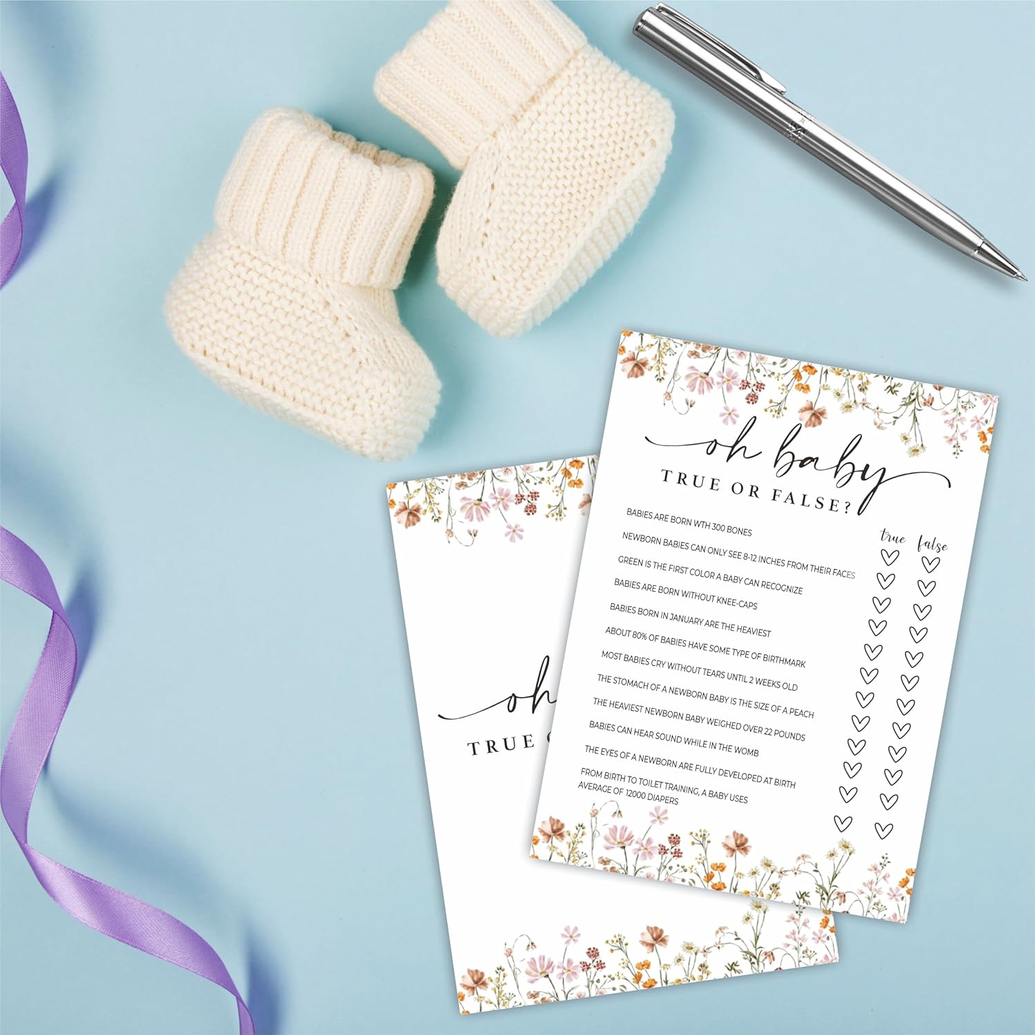 Baby Shower Game Cards, Oh Baby! Ture Or False Game Cards, Spring Flower, 30 Double-Sided Game Cards & 1 Answer Cards, Baby Announcement, Gender Reveal Party Favor, Activity & Supplies - G04