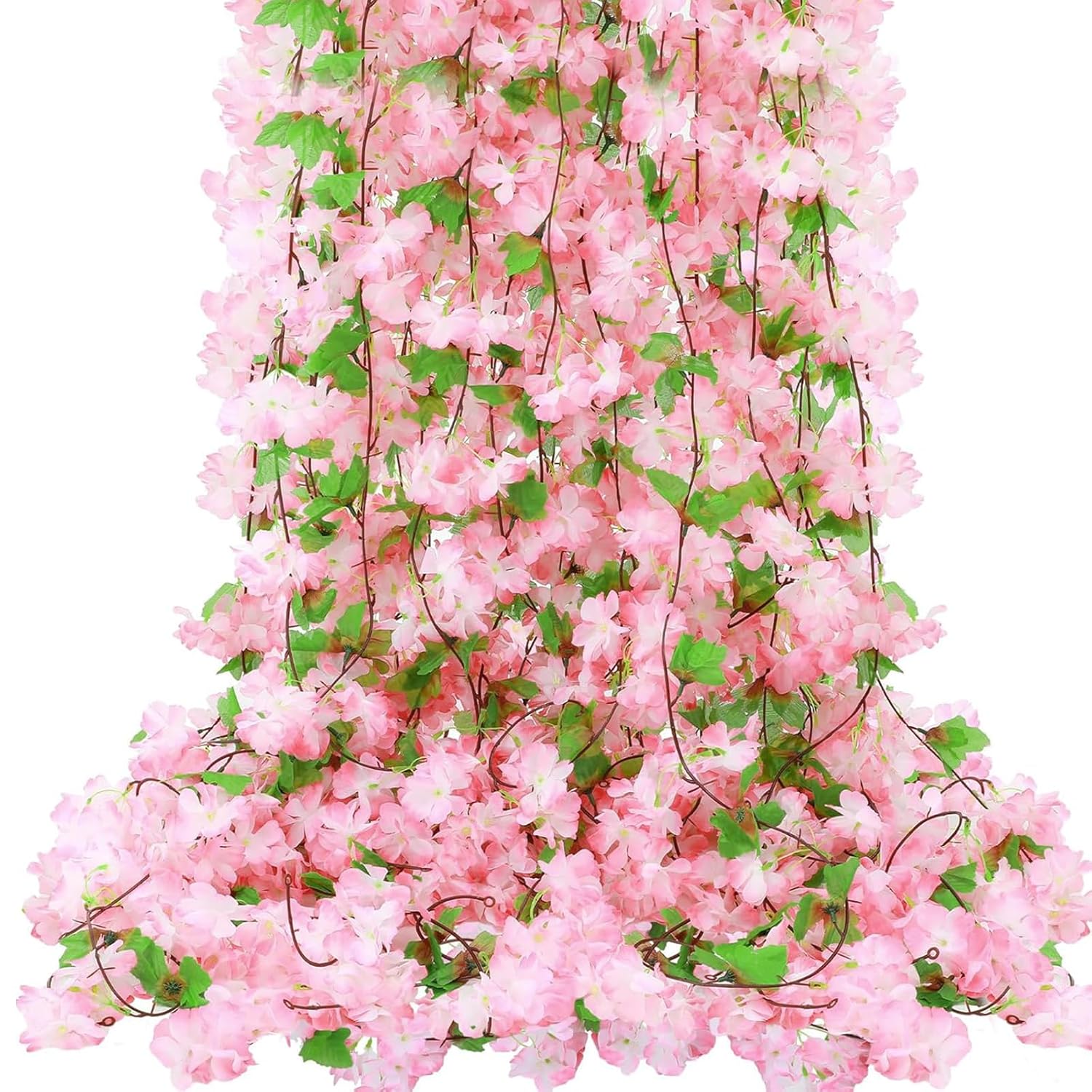 6Pcs 50.5Ft Artificial Cherry Blossom & Grape Leaf Garland Set – Silk Pink Cherry Blossom Vines With Greenery For Wedding, Party, Home Decor