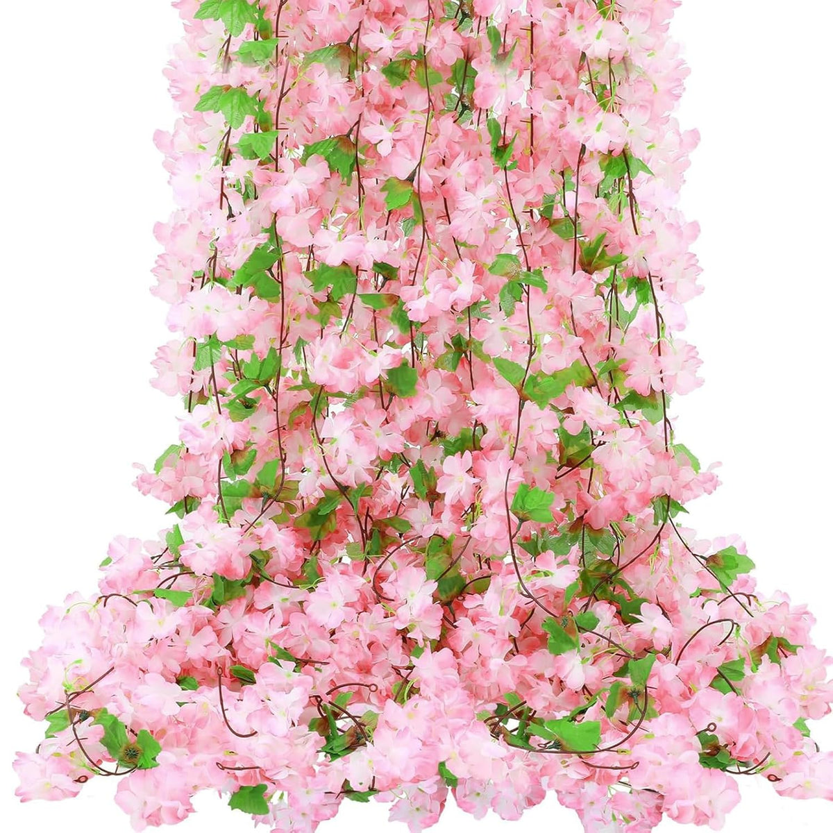 6Pcs 50.5Ft Artificial Cherry Blossom & Grape Leaf Garland Set – Silk Pink Cherry Blossom Vines With Greenery For Wedding, Party, Home Decor
