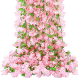 6Pcs 50.5Ft Artificial Cherry Blossom & Grape Leaf Garland Set – Silk Pink Cherry Blossom Vines With Greenery For Wedding, Party, Home Decor
