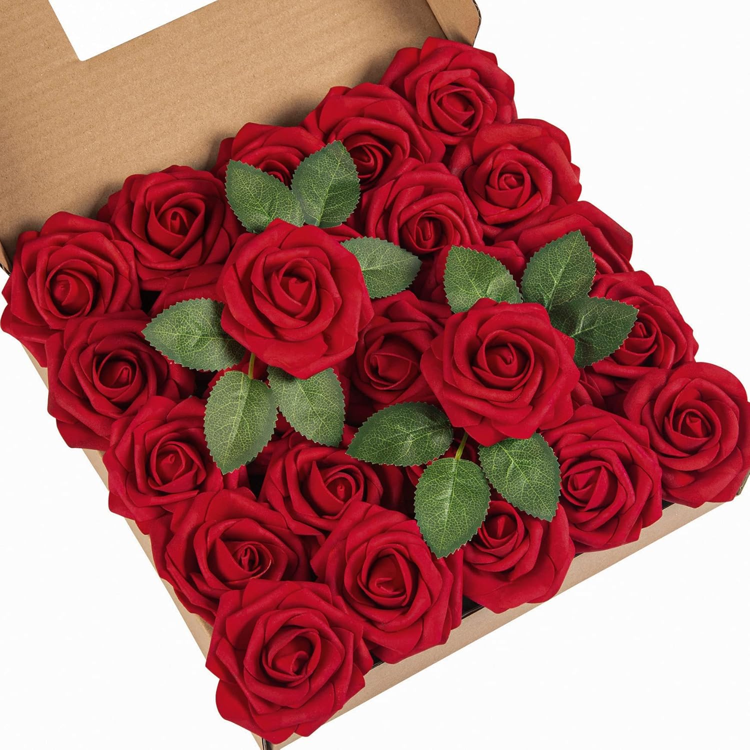 25Pcs Artificial Roses Flowers Fake Roses With Stems Real Touch Foam Flowers For Diy Wedding Bouquet Party Centerpiece Floral Arrangement Party Home Decor(Dark Red)