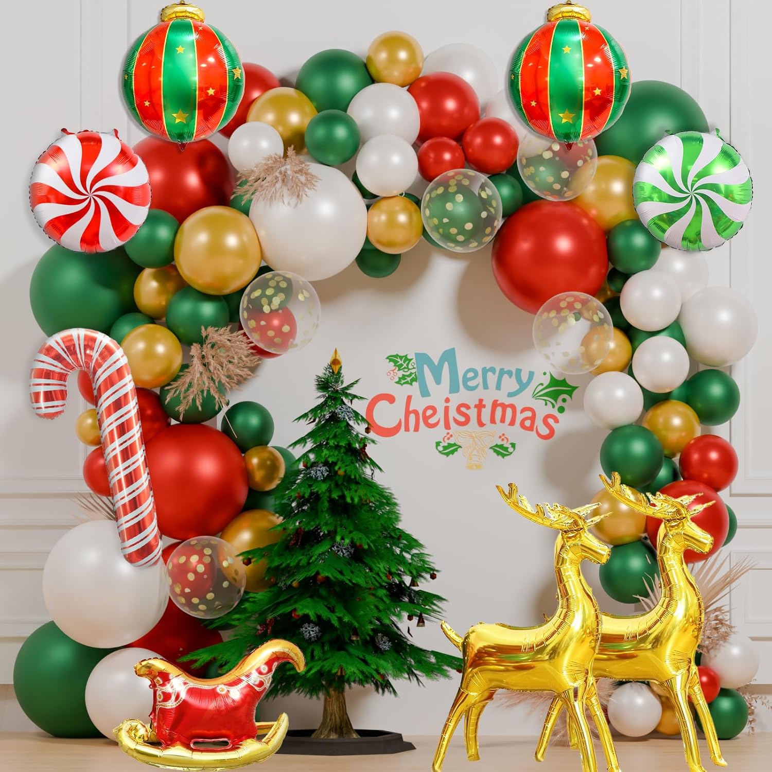 130Pcs Christmas Balloon Garland Arch Kit, With Gold Red Green White Balloons Candy Balloon Sequin Balloons Moose Sleigh Balloon For Christmas Party Decorations Supplies (23"Set)