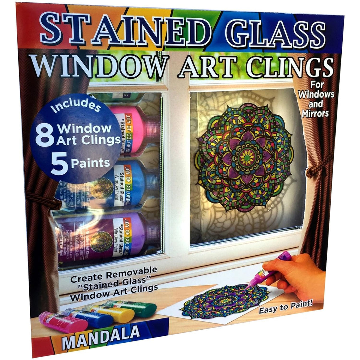 Zorbitz Stained Glass Window Art Clings Diy Kit,8 Clings& 5 Paints,4 Gorgeous,Intricate Mandala Designs,Designed Paint,Removable Clings, Sticks To Any Glass Surface,13 Piece Set,(2680)