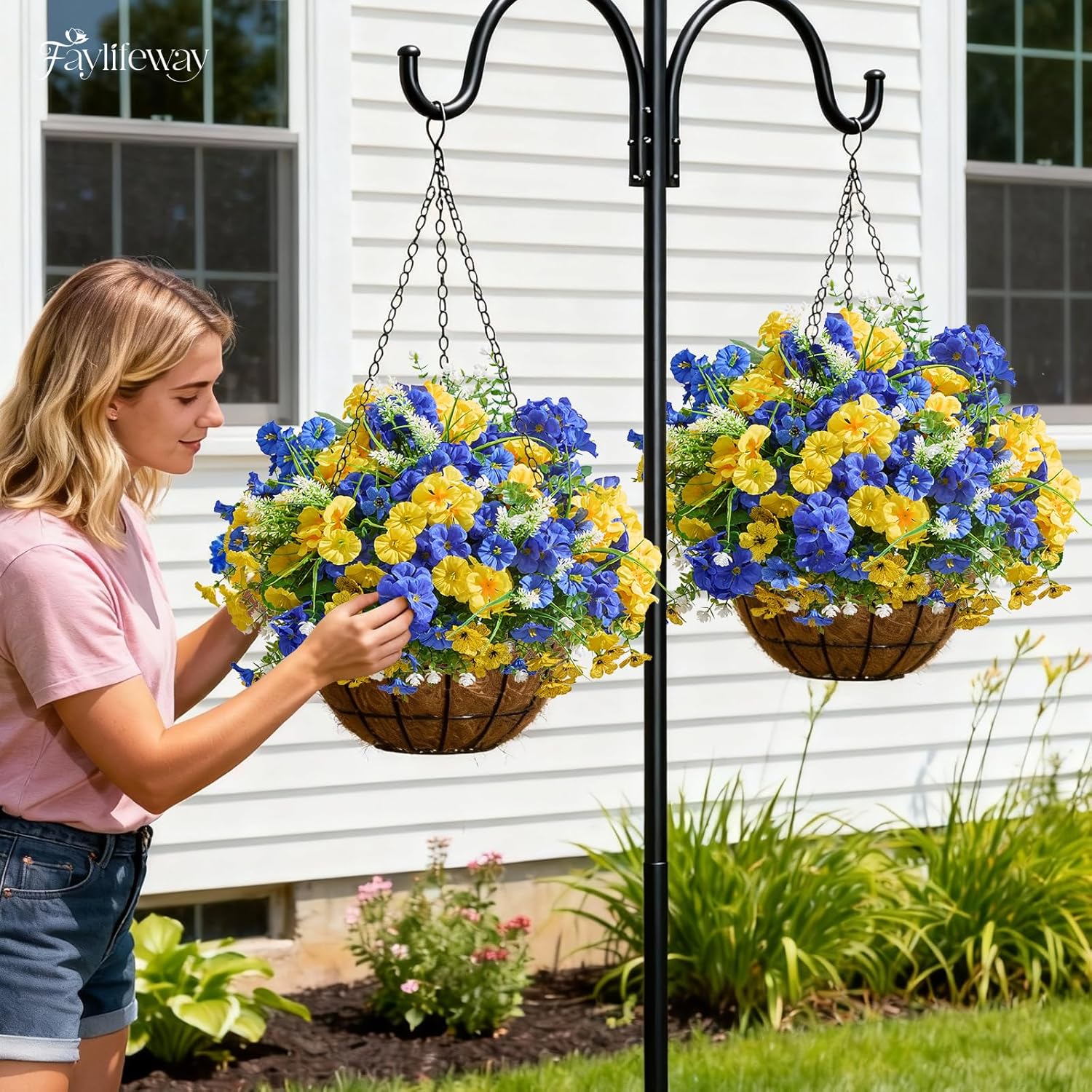 16 Bundles Artificial Flowers For Outdoors, Uv Resistant Silk Faux Flowers For Outside Planters,Garden,Porch,Patio,Yard,Home Decor(Blue&Yellow)