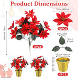 4 Sets 15.7" Christmas Poinsettia Artificial Flowers Potted With Gold Pot Bags 12 Heads Red Artificial Poinsettia Plant Desktop Decorations For Christmas Xmas Kitchen Home Table Centerpiece
