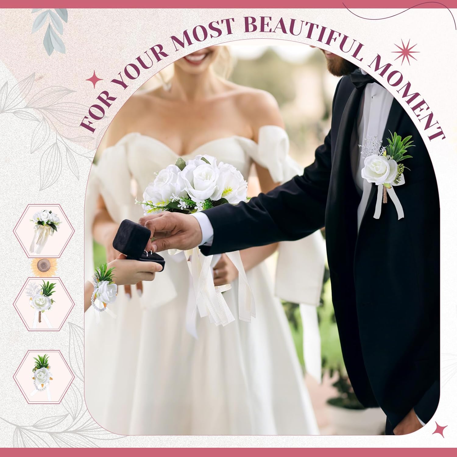 Wedding Bouquets For Bride Bridesmaid With Corsage And Boutonniere Set, 9.45 Inch White Artificial Roses Flowers Bridal Bouquet With Pearl Accents For Wedding Church Decoration Ceremony