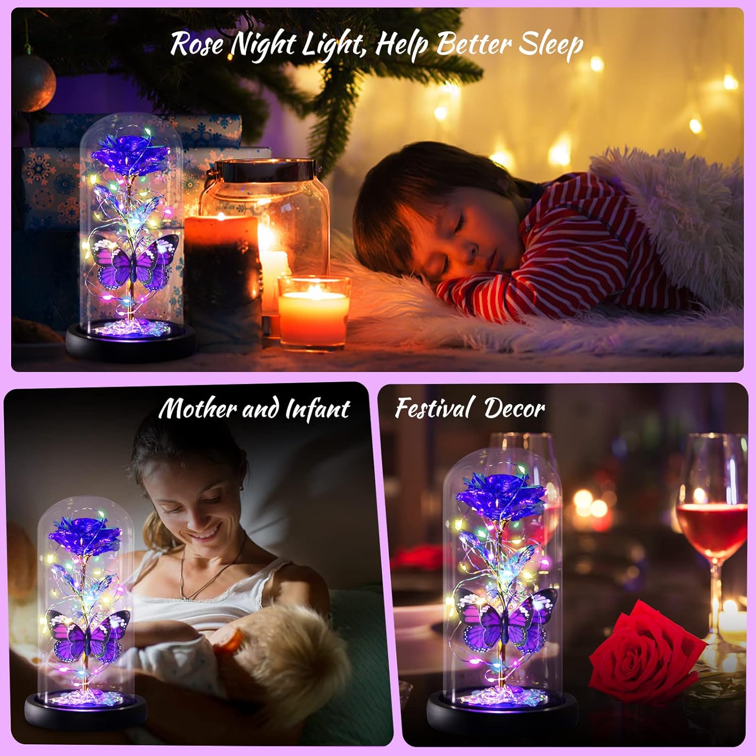 Valentines Day Purple Butterfly Rose Flower Gifts For Her, Romantic Galaxy Light Up Rose Flower In Glass Dome, Unique Valentine'S Gifts For Wife Girlfriend Mom Daughter Women Galentines Birthday