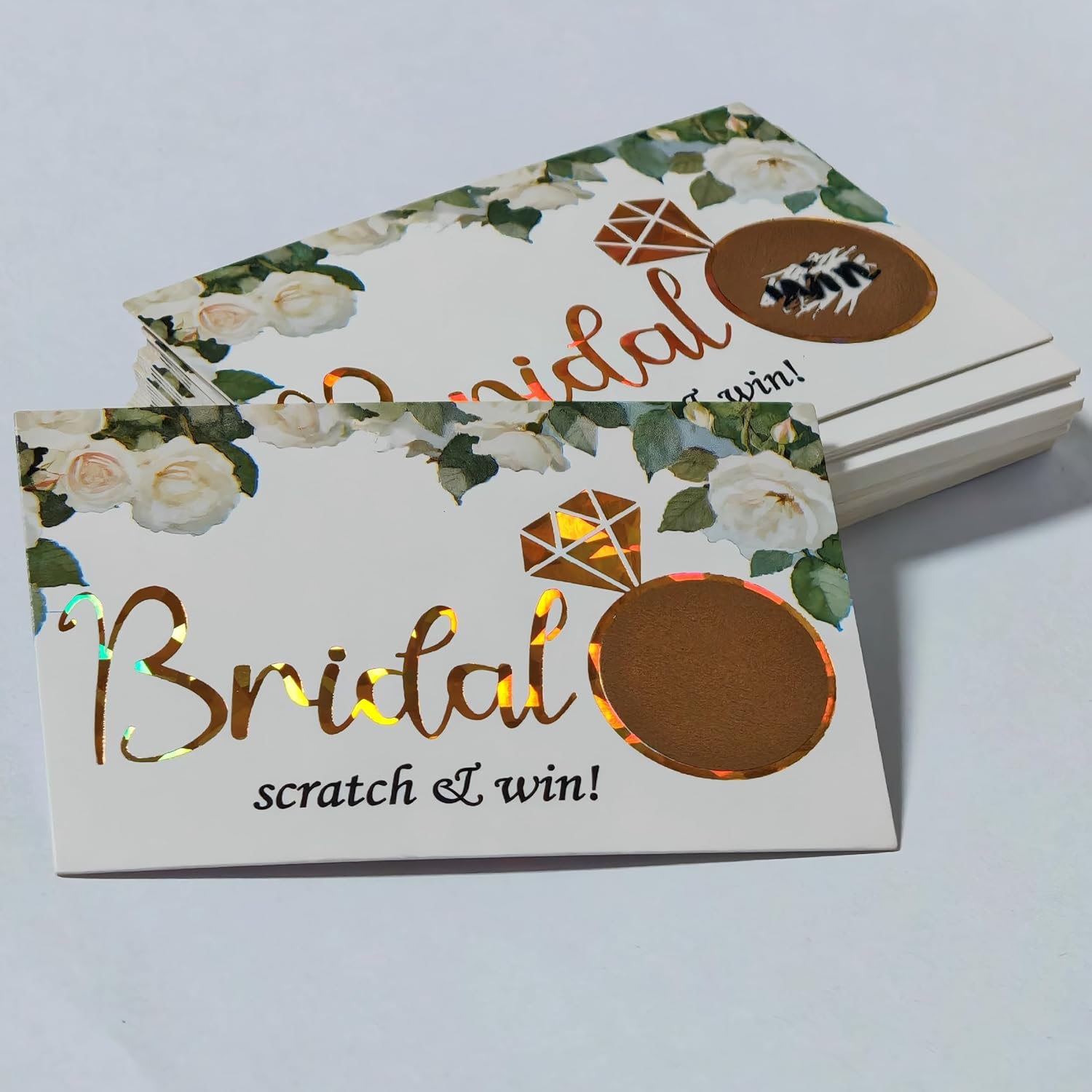 Bridal Shower Scratch Off Game– Scratch Off Raffle Cards, Fun Wedding Shower Game, Love In Bloom, Golden Ring And White Flower Design, 30 Cards & Stickers, Party Games