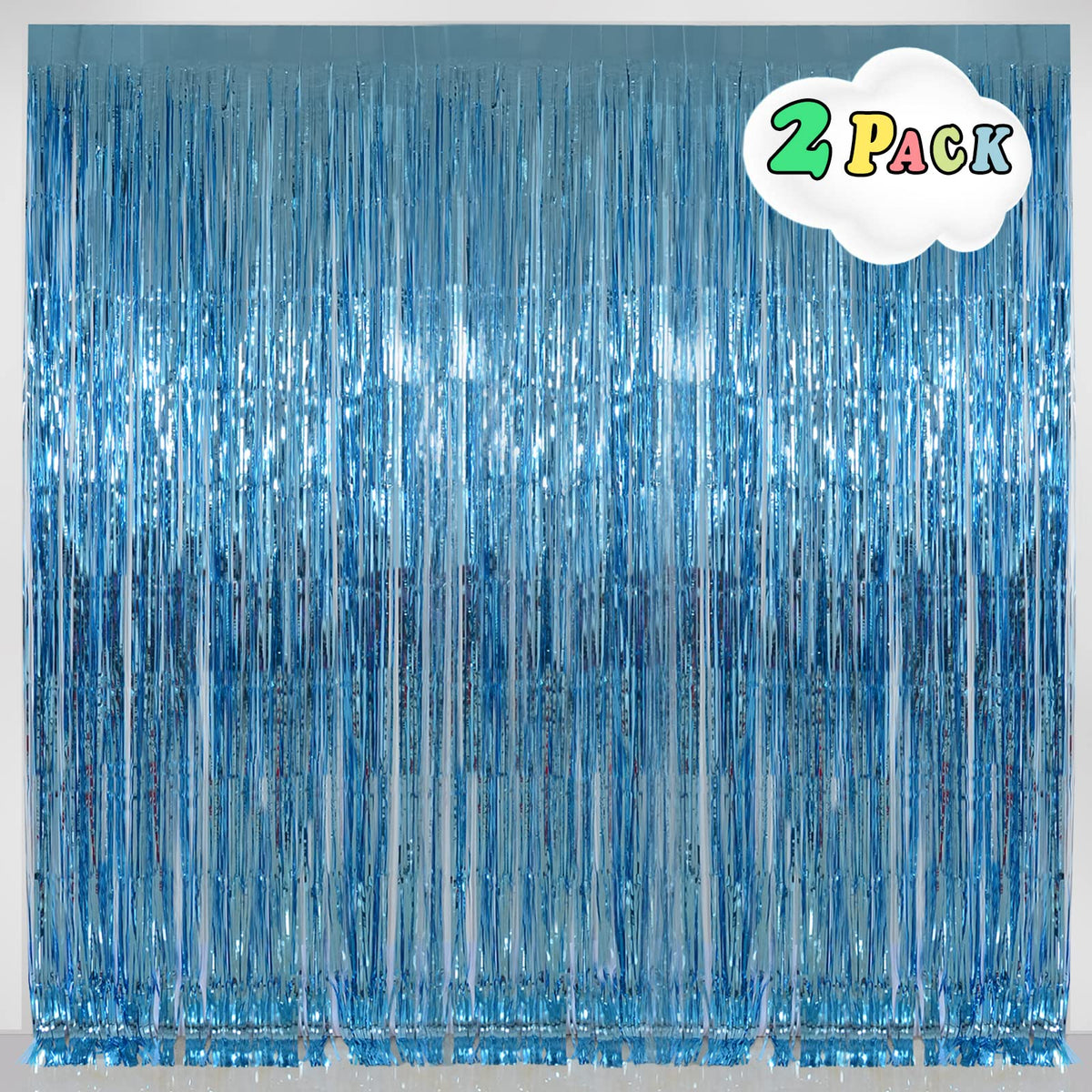 Light Blue Foil Fringe Curtains Party Decorations, 3.2 x 8 ft Foil Curtains Tinsel Backdrop for Ocean, Baby Shark Theme Birthday Decorations - Pack of 2