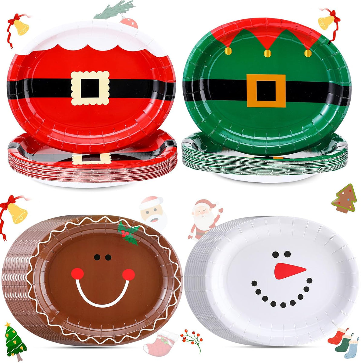 52 Pcs Santa Belt Christmas Oval Paper Plates Platters 10" X 12.5" Large Disposable Platters Santa Christmas Plates Red And Green Dinnerware Set Xmas Dinner Plates Table Decorations