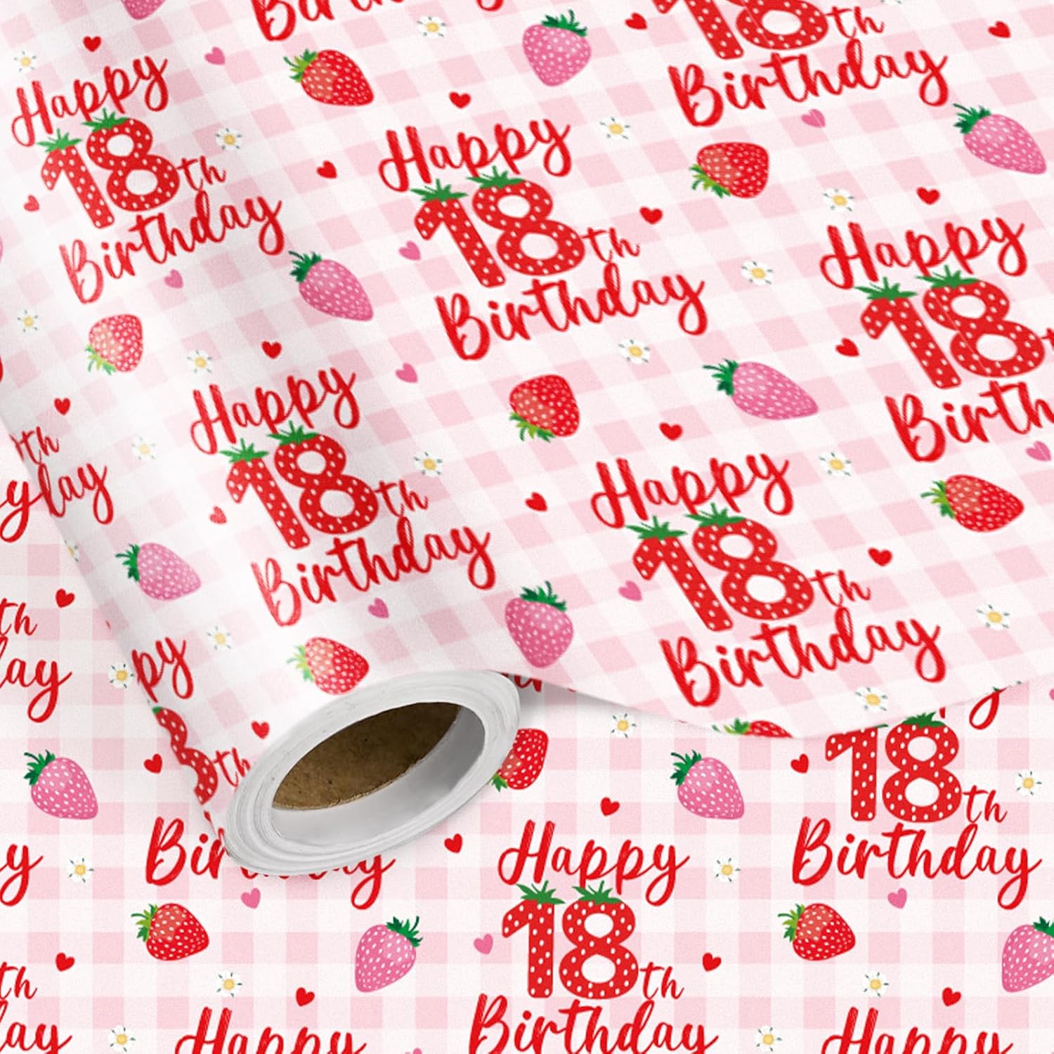 Happy 18Th Birthday Wrapping Paper Roll, Strawberry & Pink Gingham Gift Wrap For Girl’S Eighteenth Age18 Birthday Party, Gifts & Decorations, Mini Roll 17 In X 16.4 Ft