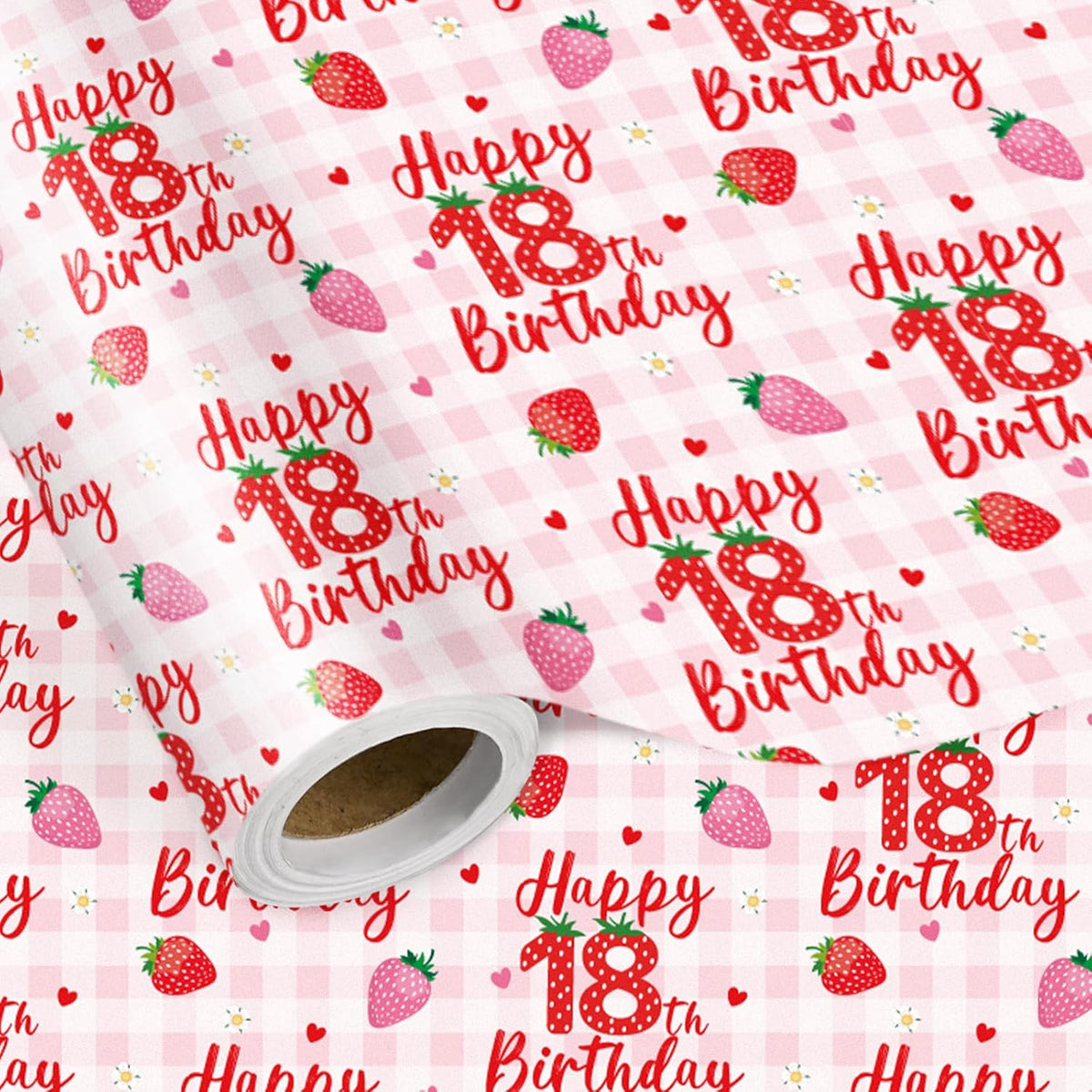 Happy 18Th Birthday Wrapping Paper Roll, Strawberry & Pink Gingham Gift Wrap For Girl’S Eighteenth Age18 Birthday Party, Gifts & Decorations, Mini Roll 17 In X 16.4 Ft
